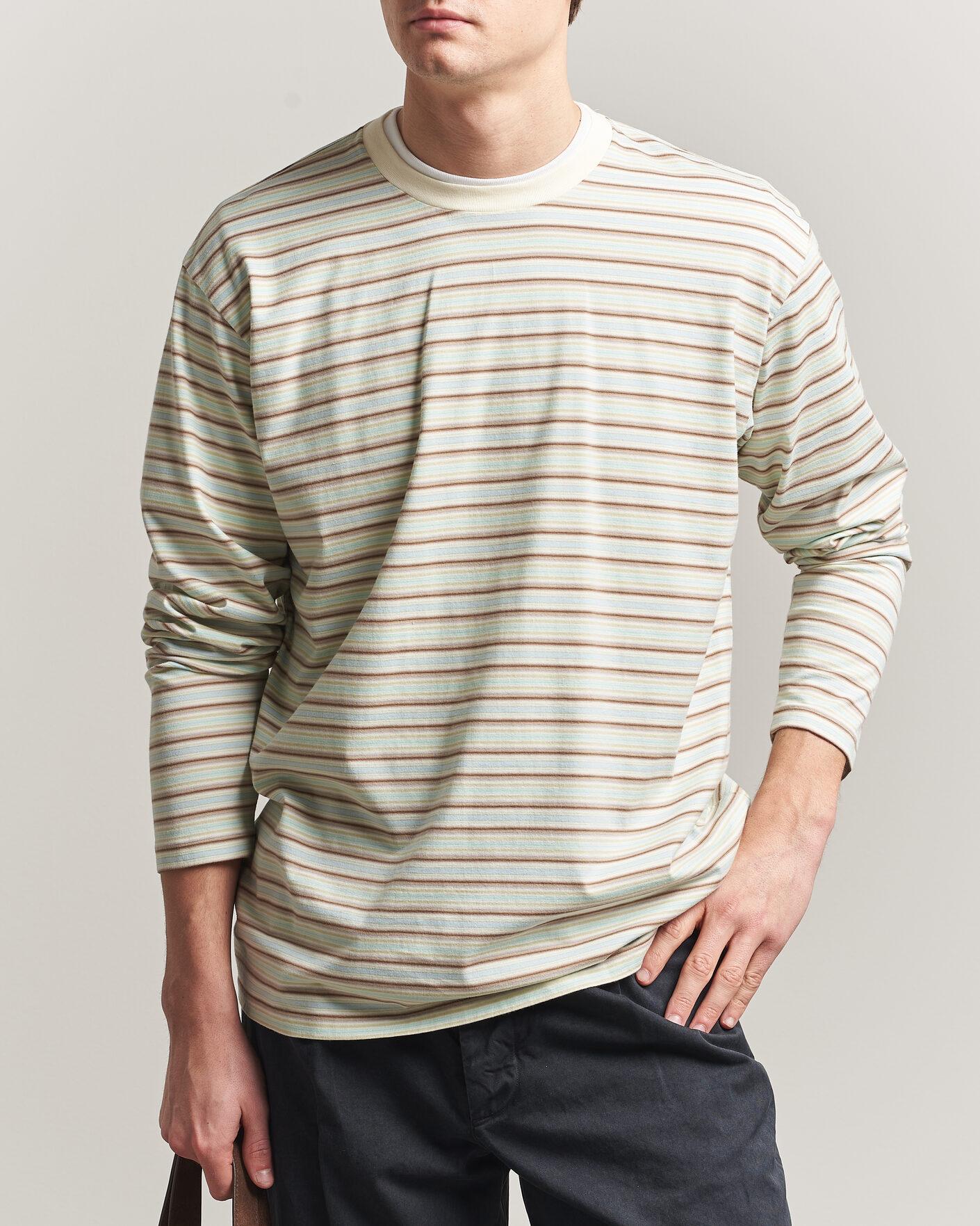 Heren | T-shirts | Auralee | Long Sleeve Cotton T-Shirt Mint Stripe