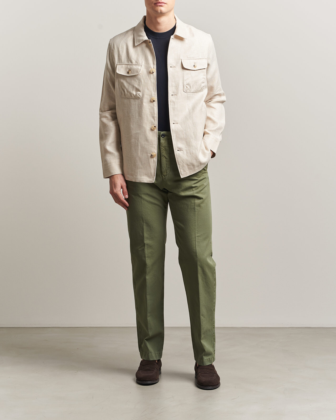Heren | Broeken | Incotex | Regular Fit Cotton/Linen Slacks Military