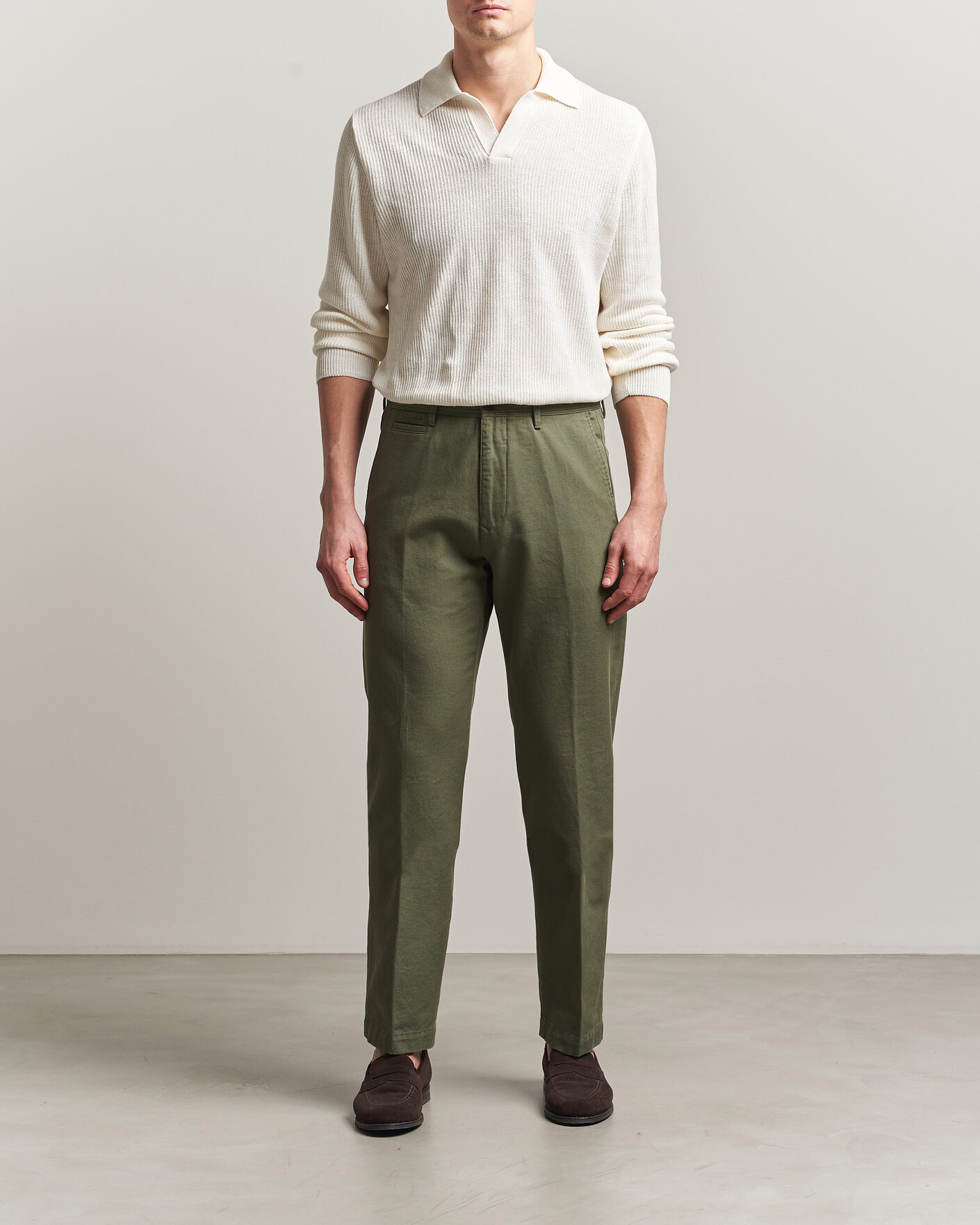 Heren | Broeken | Incotex | Regular Fit Uniform Cotton Slacks Military