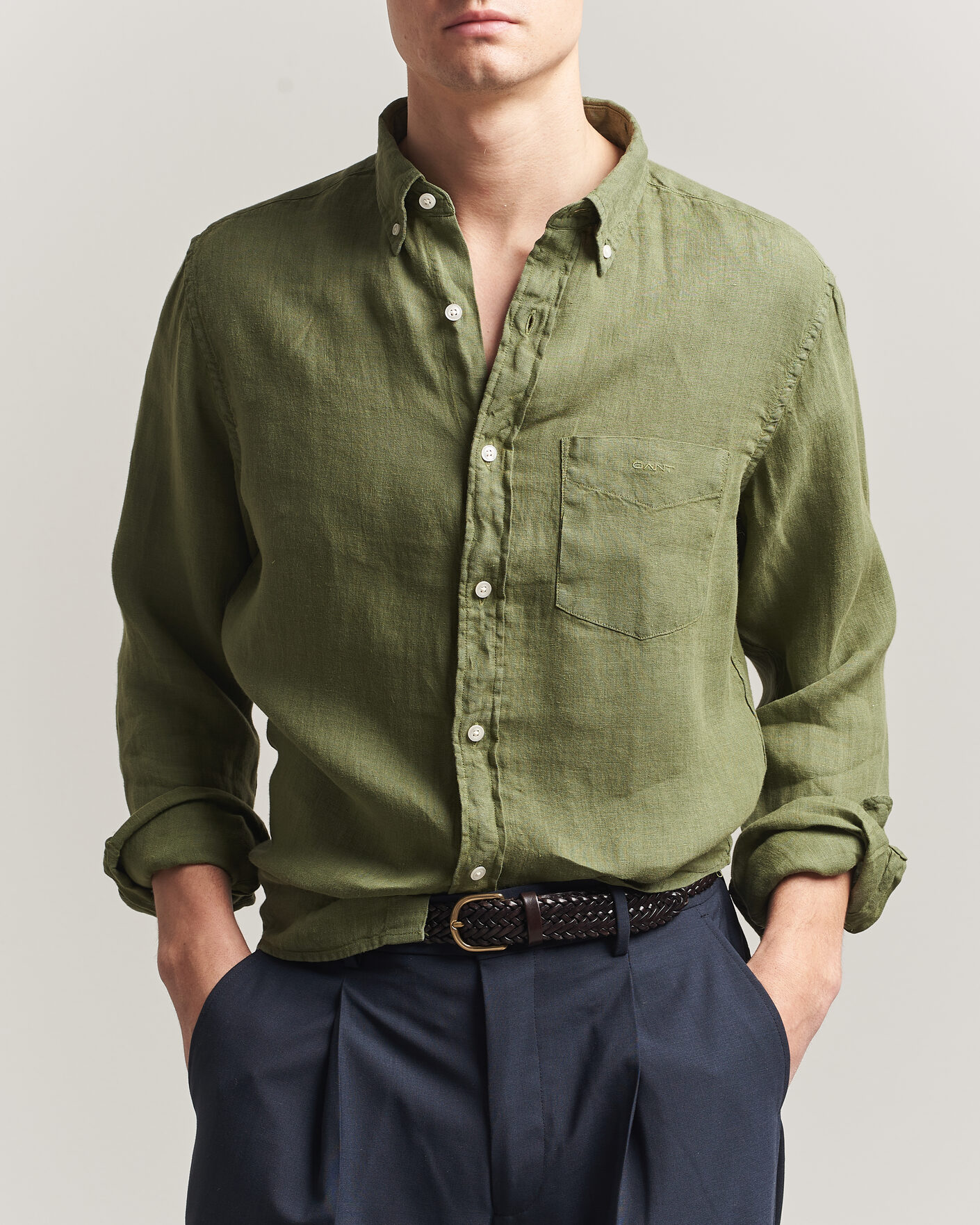 Heren | Overhemden | Gant | Regular Fit Garment Dyed Linen Shirt Dry Herb Green