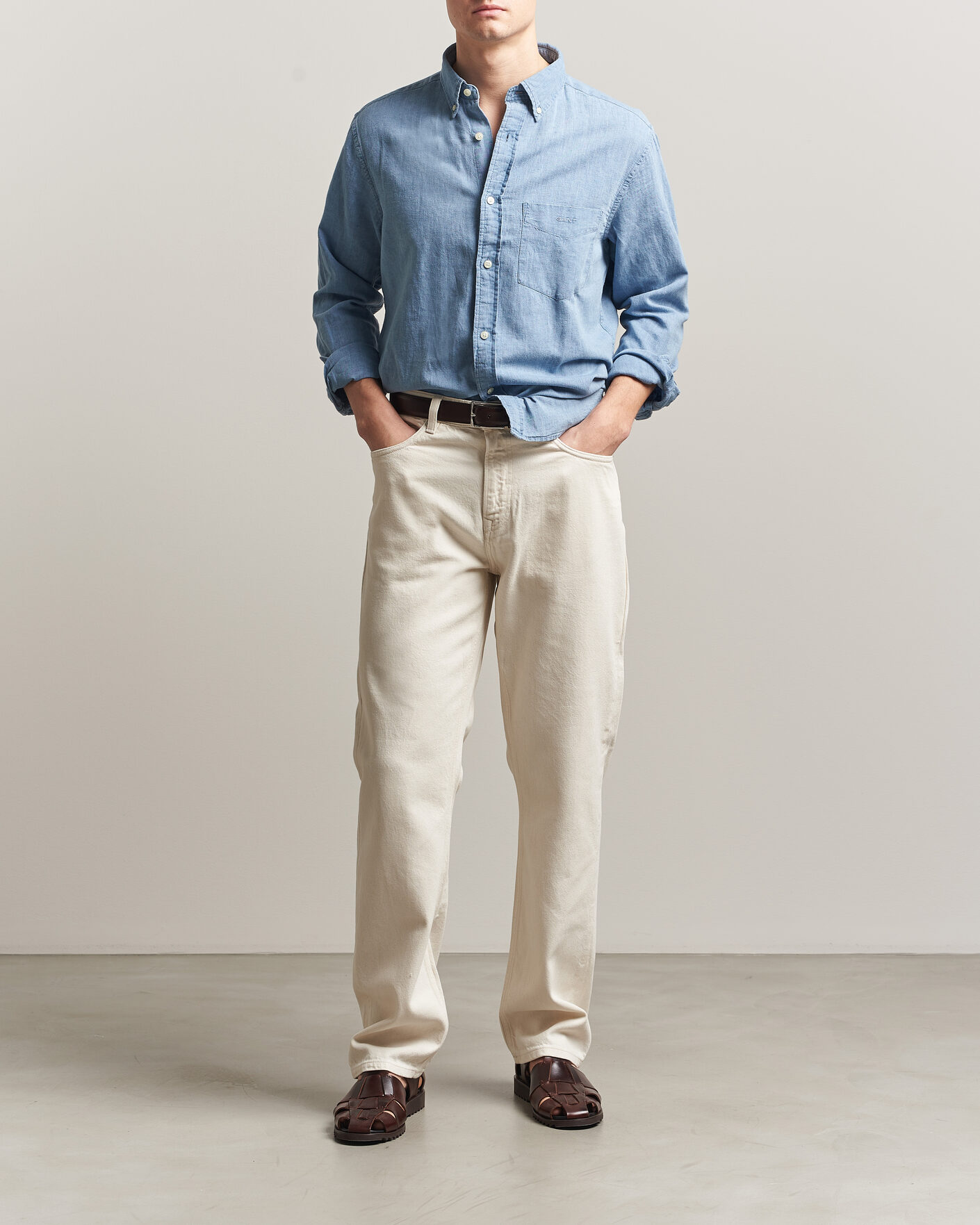 Heren | Overhemden | Gant | Regular Fit Cotton Linen Indigo Shirt Semi Light Blue