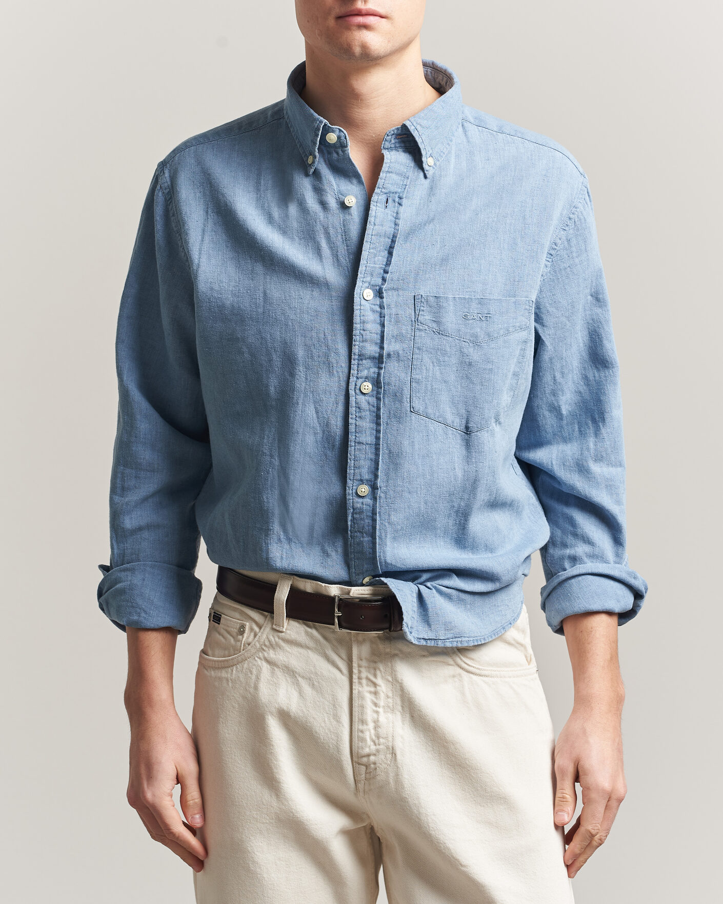 Heren | Overhemden | Gant | Regular Fit Cotton Linen Indigo Shirt Semi Light Blue