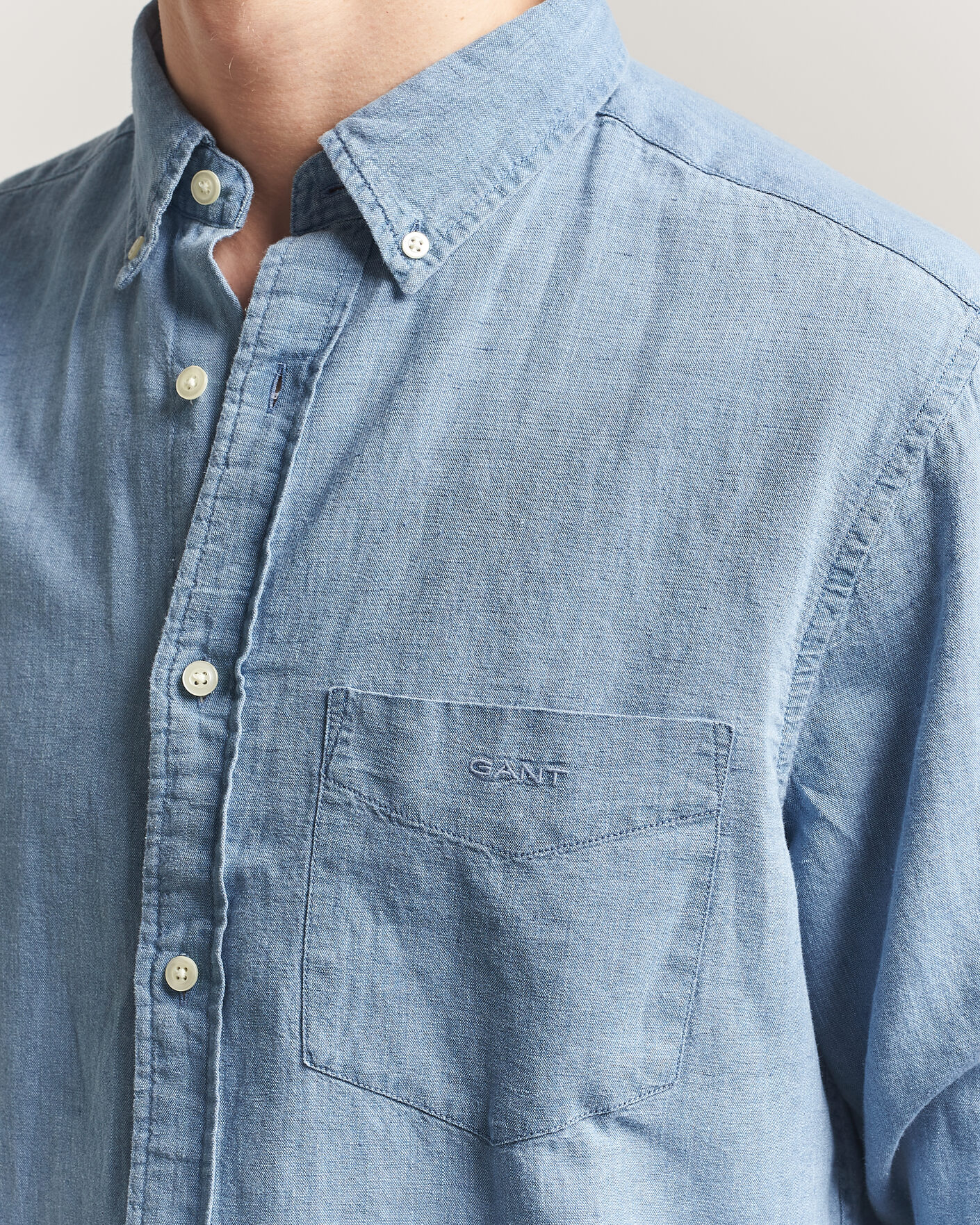 Heren | Overhemden | Gant | Regular Fit Cotton Linen Indigo Shirt Semi Light Blue