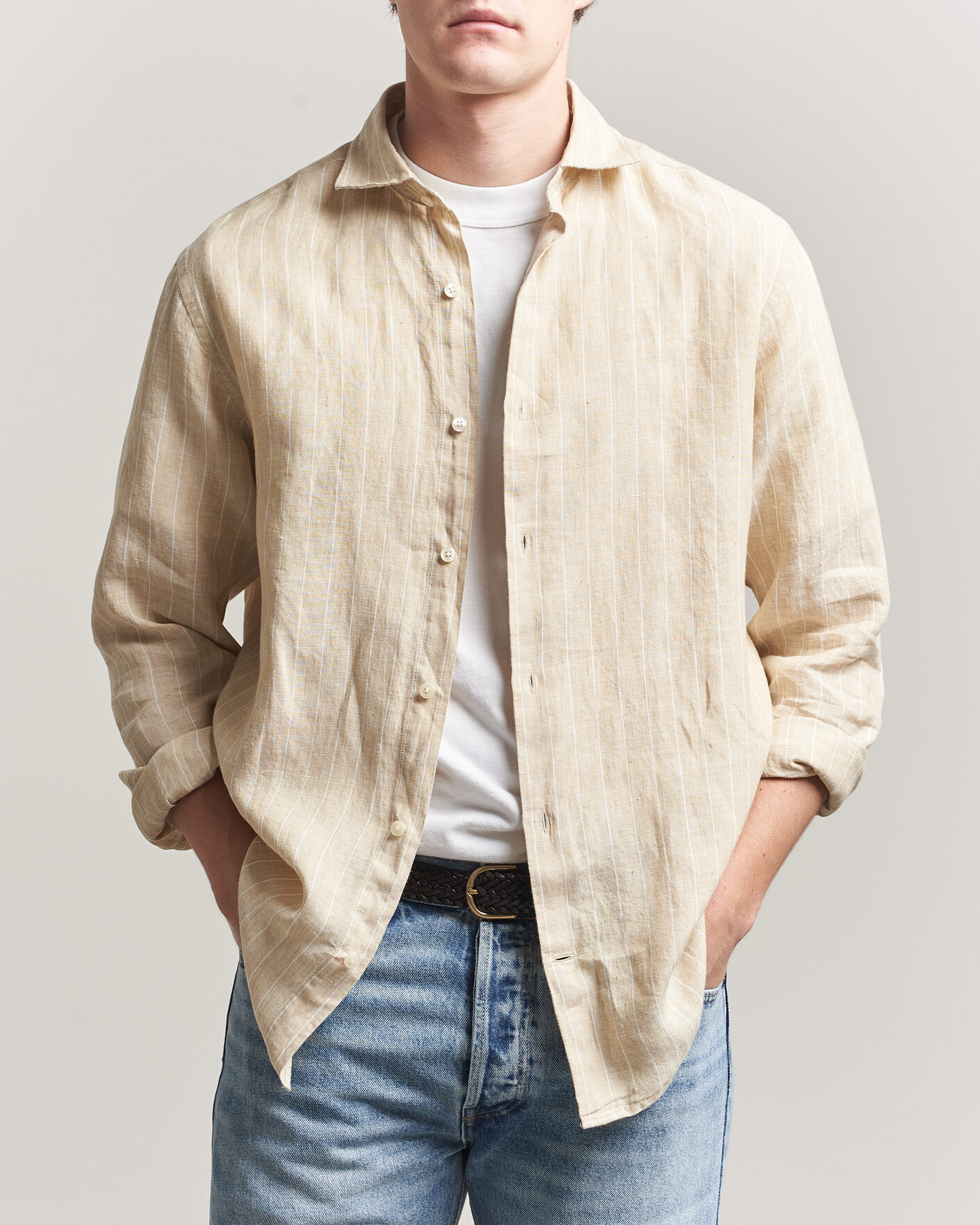 Heren | Overhemden | Gant | Regular Fit Linen Striped Shirt Oat Beige