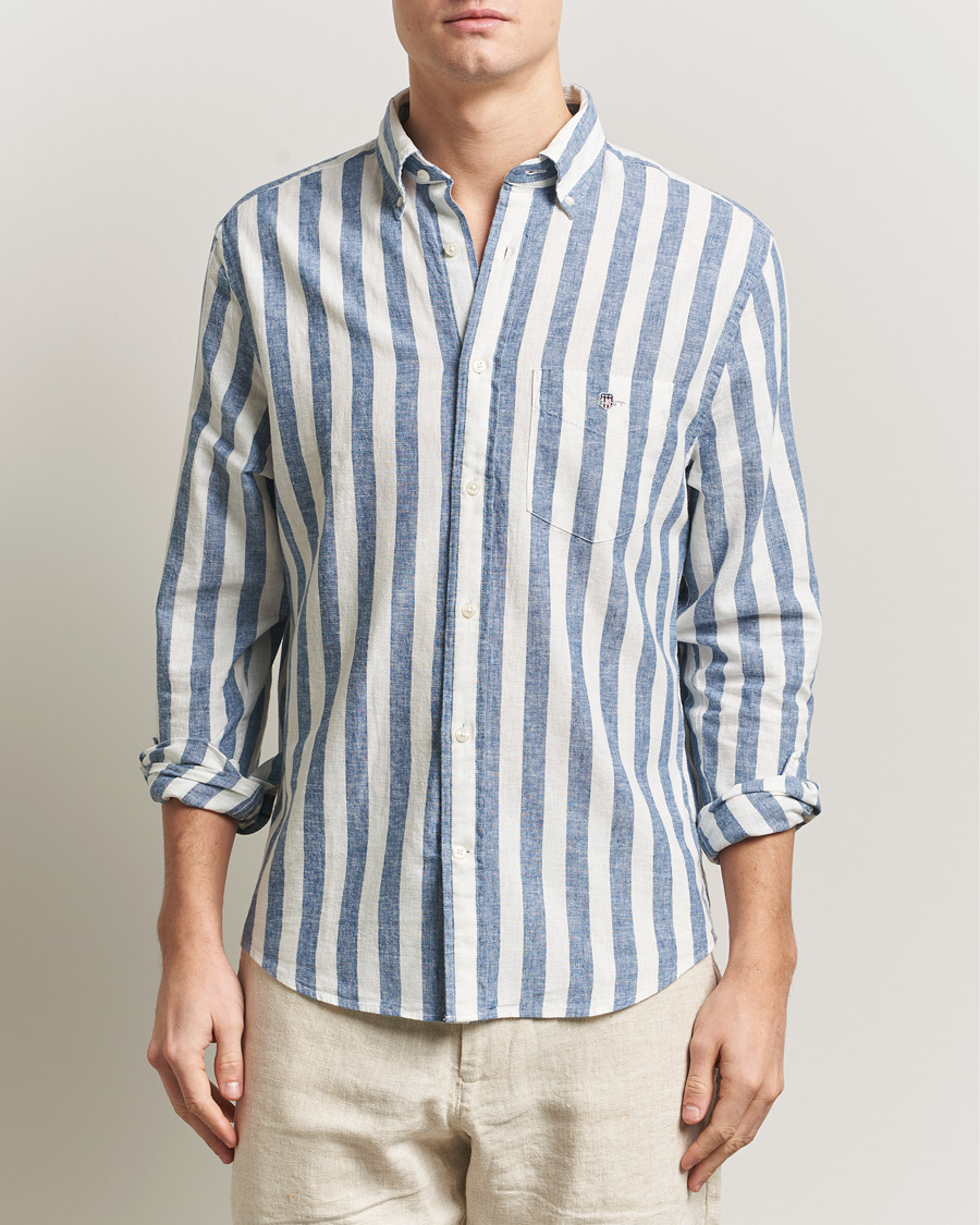 Heren | Overhemden | Gant | Regular Fit Linen/Cotton Striped Shirt Vintage Blue