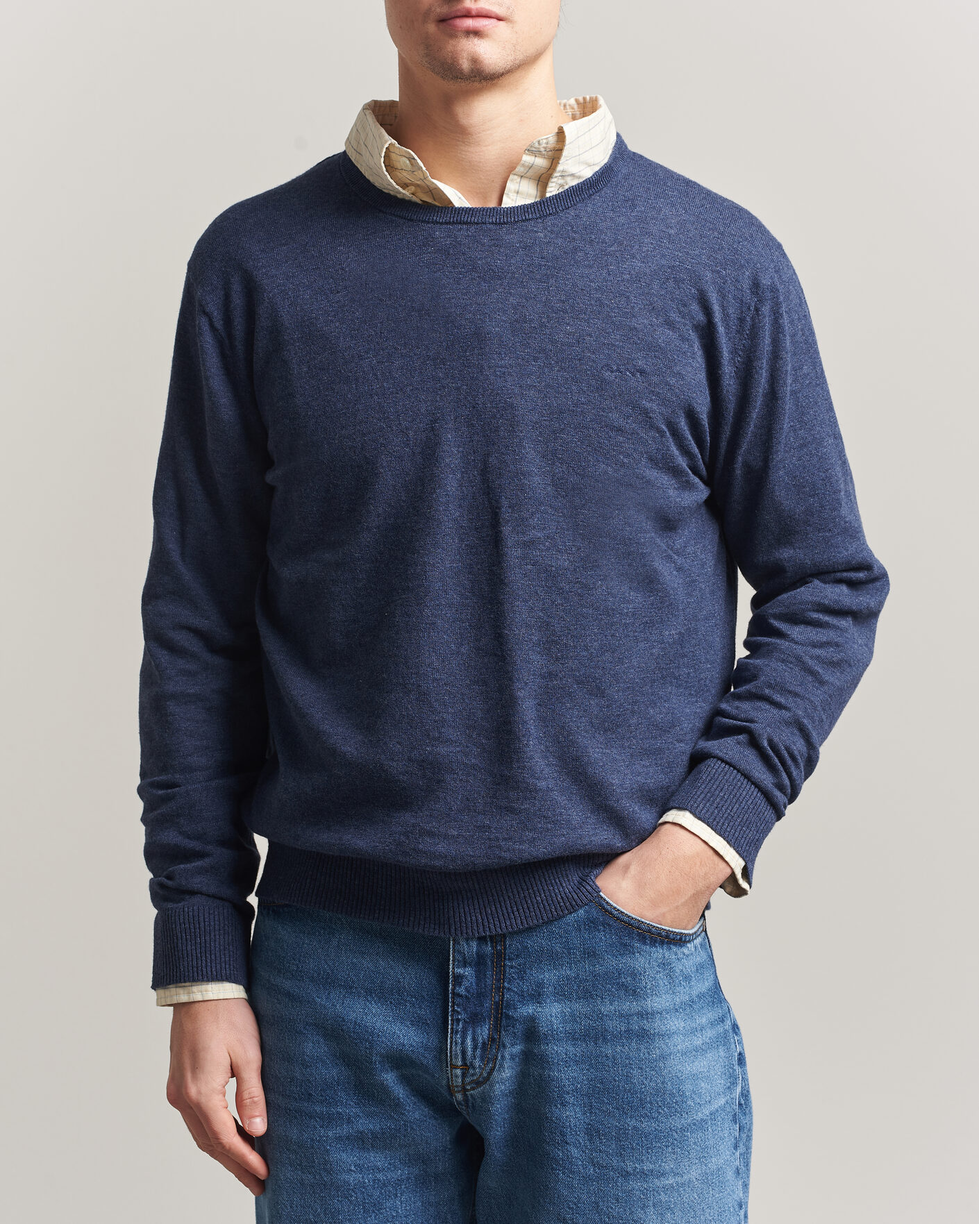Heren | Truien | Gant | Cotton/Linen Slub Knitted Sweater Dark Indigo Melange