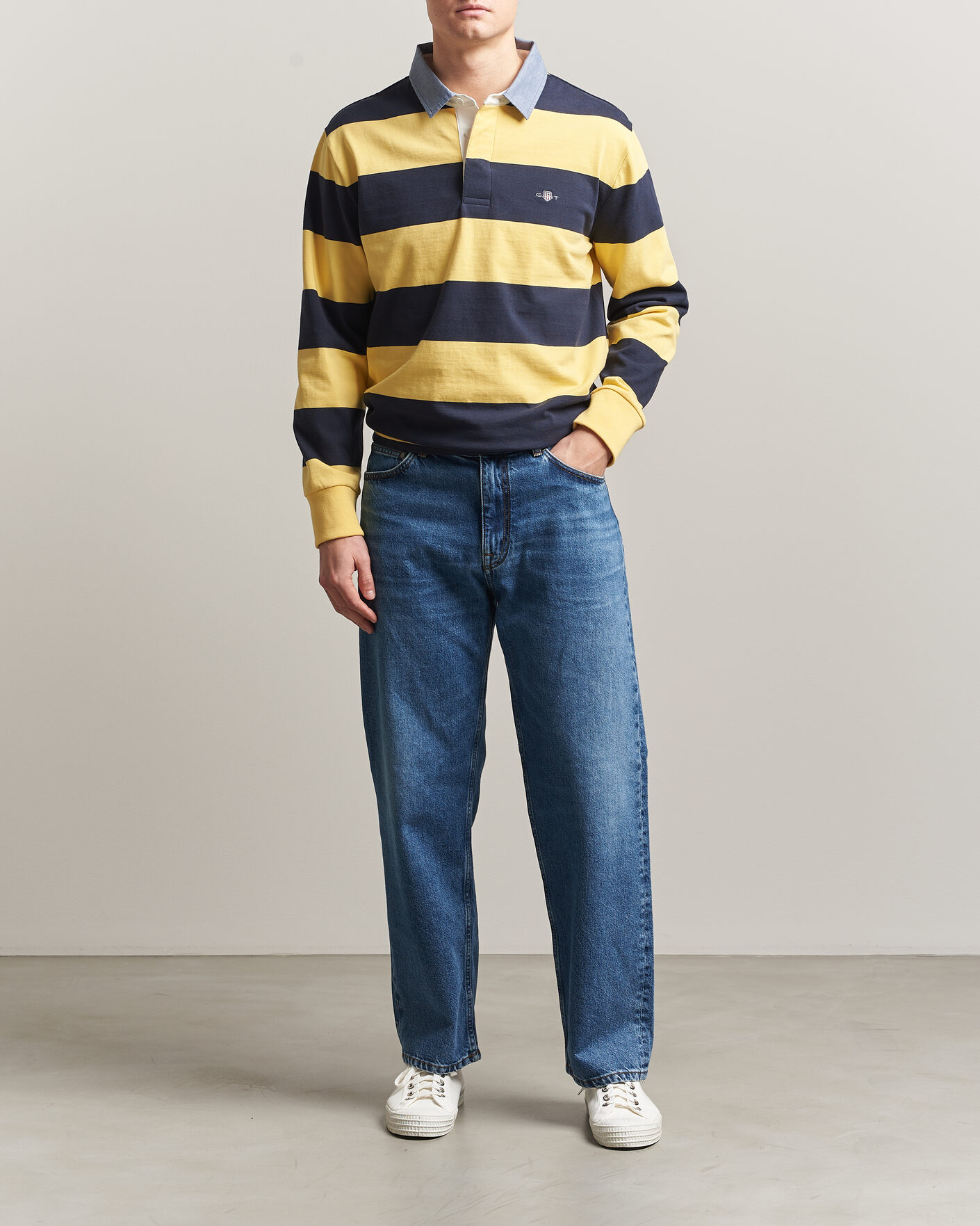 Heren | Truien | GANT | Chambray Striped Heavy Rugger Banana Yellow
