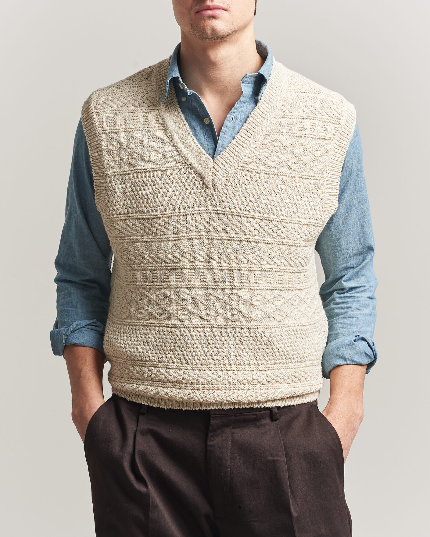 Heren | Truien | Gant | Cotton/Linen Textured Vest Creamed White