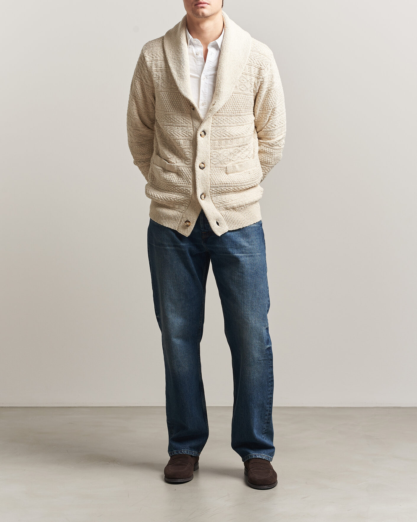 Heren | Truien | Gant | Cotton/Linen Textured Cardigan Creamed White