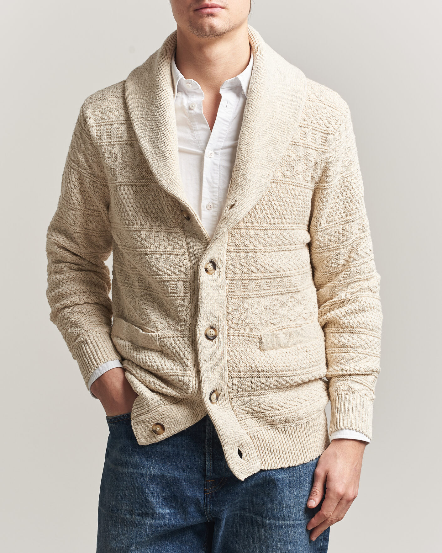 Heren | Truien | Gant | Cotton/Linen Textured Cardigan Creamed White