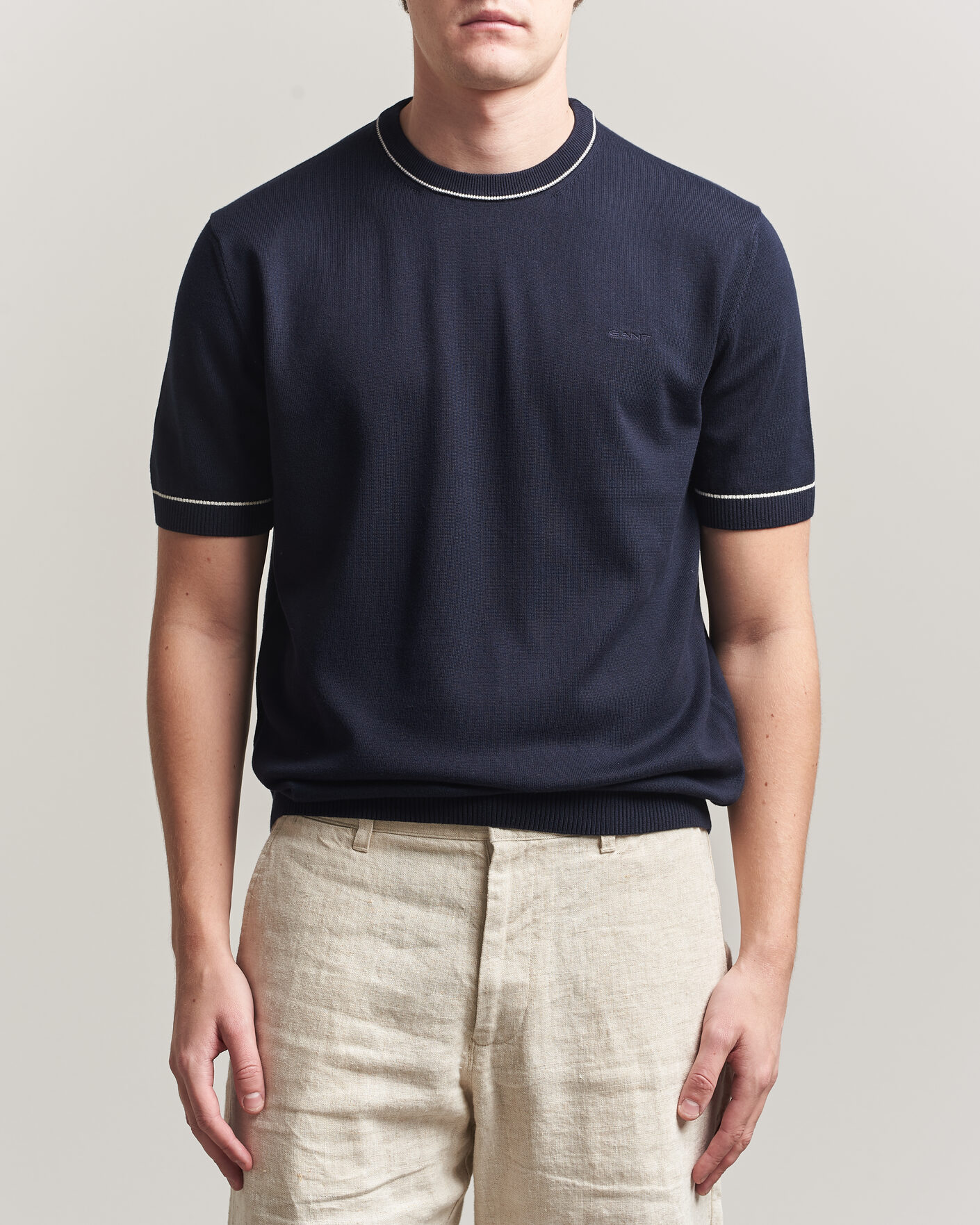 Heren | T-shirts | Gant | Cotton/Model Knitted T-Shirt Evening Blue