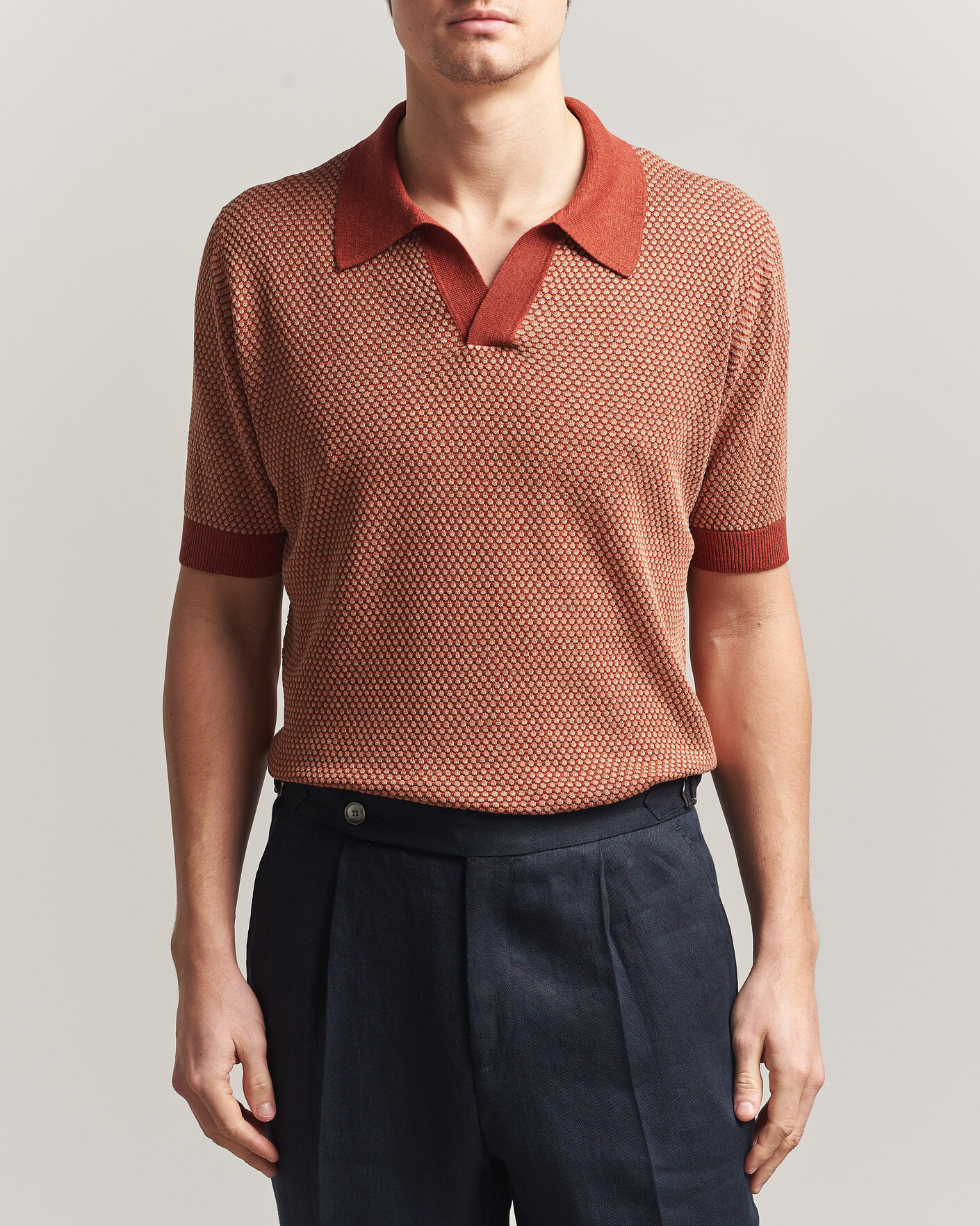 Heren | Polo's | Piacenza Cashmere | Silk/Linen Honeycomb Knitted Polo Red