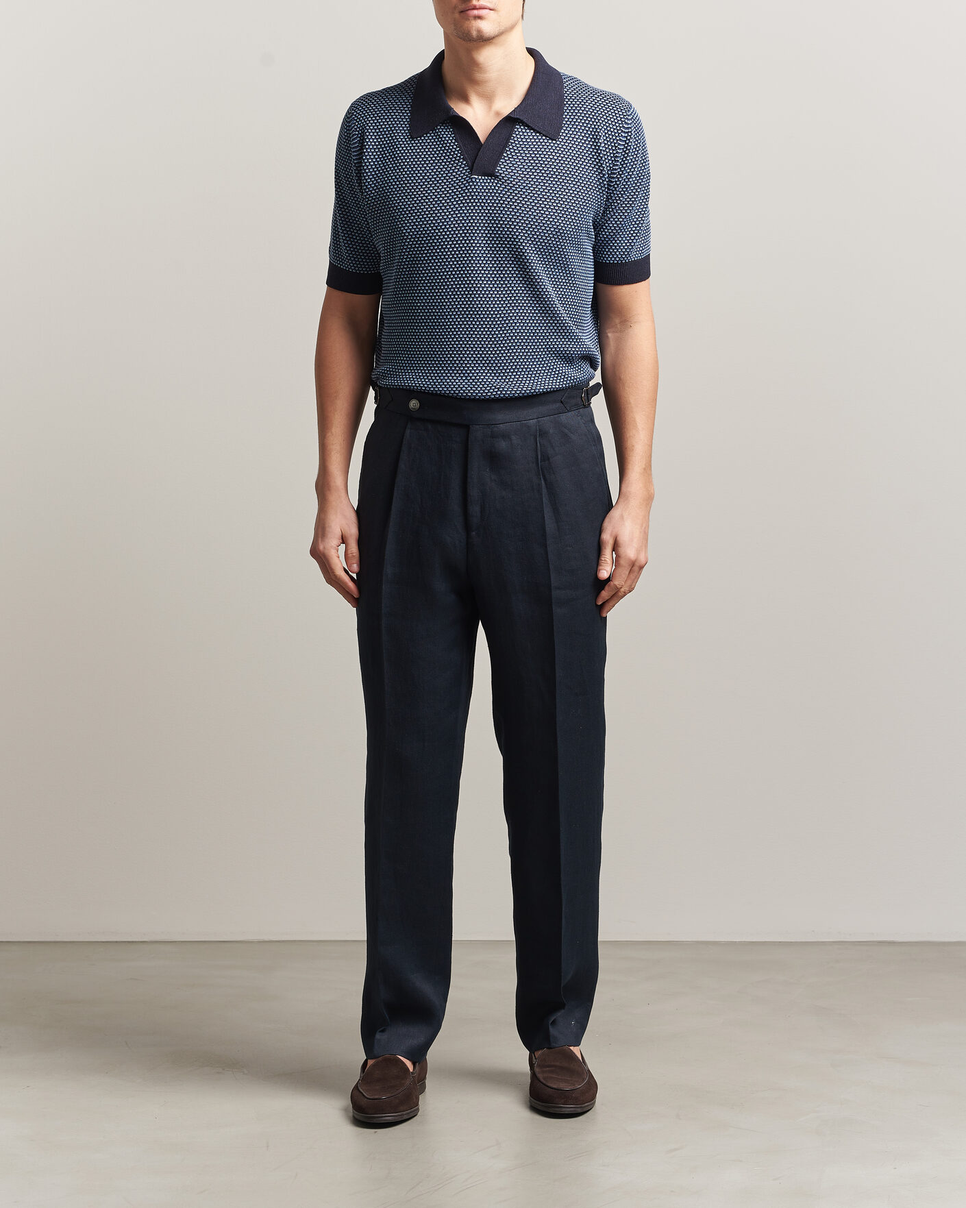 Heren | Polo's | Piacenza Cashmere | Silk/Linen Honeycomb Knitted Polo Navy