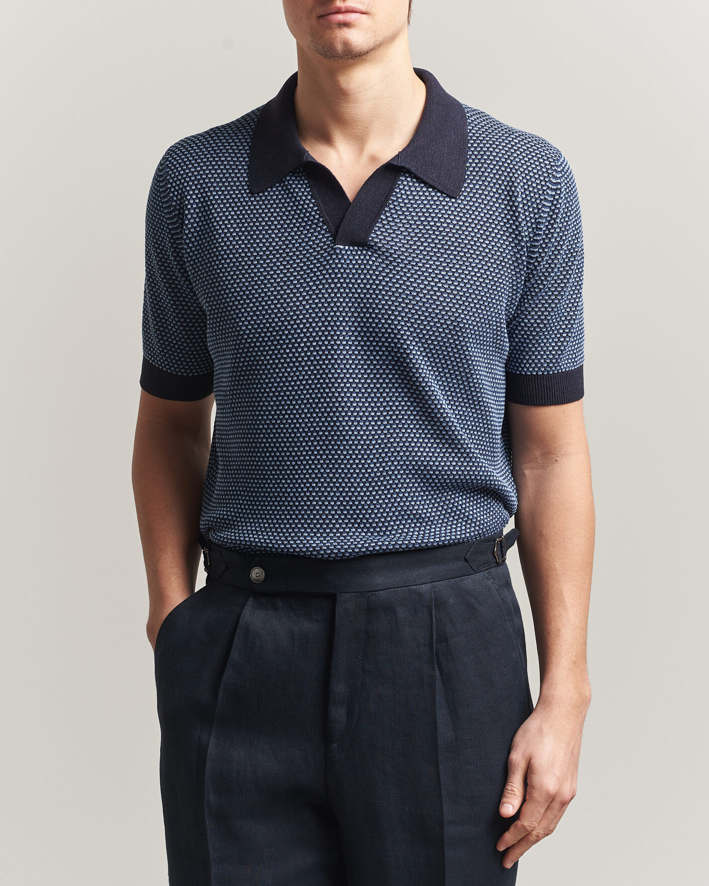Heren | Polo's | Piacenza Cashmere | Silk/Linen Honeycomb Knitted Polo Navy