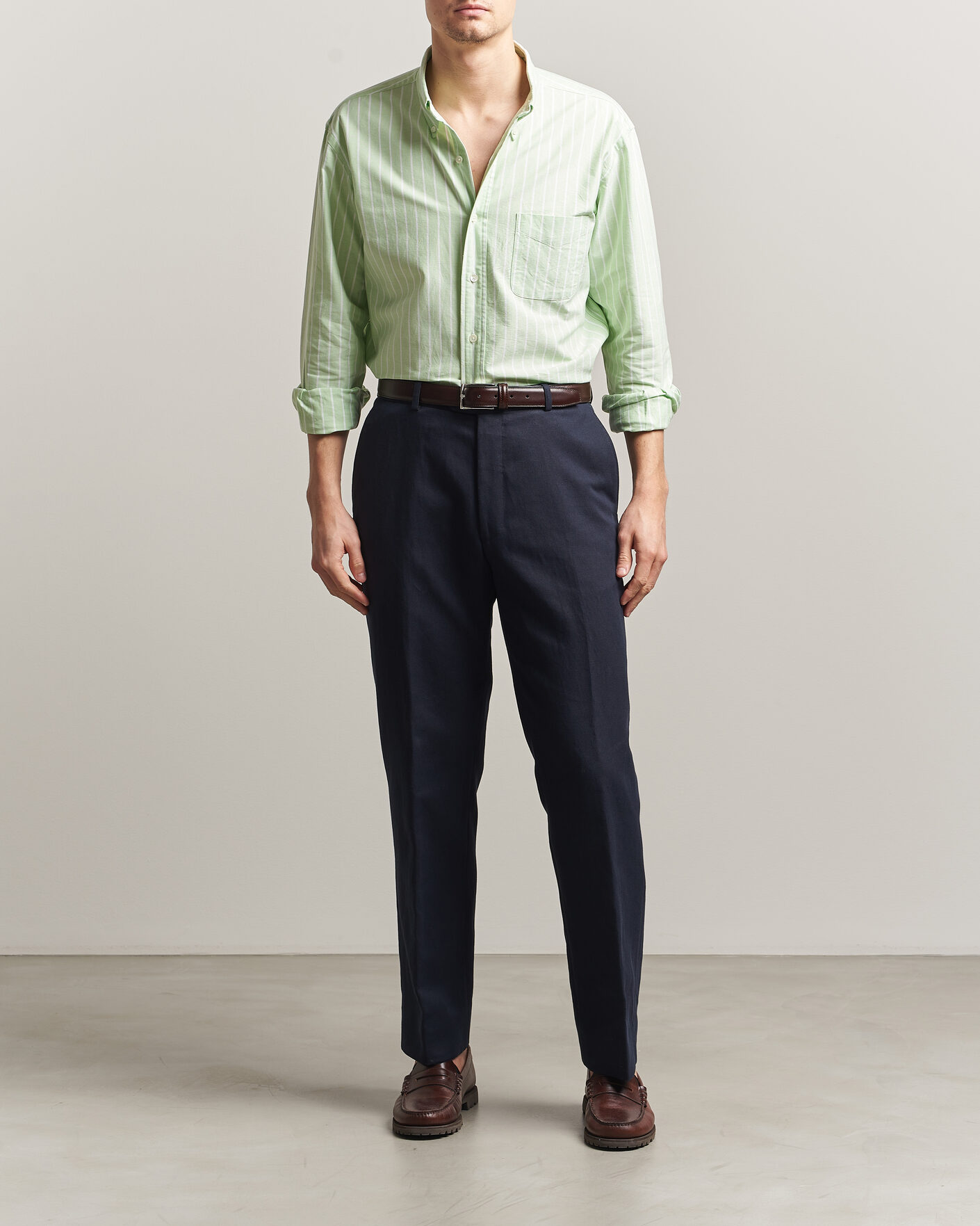 Heren | Overhemden | Kamakura Shirts | Vintage Ivy Oxford BD Shirt Green Blazer Stripe