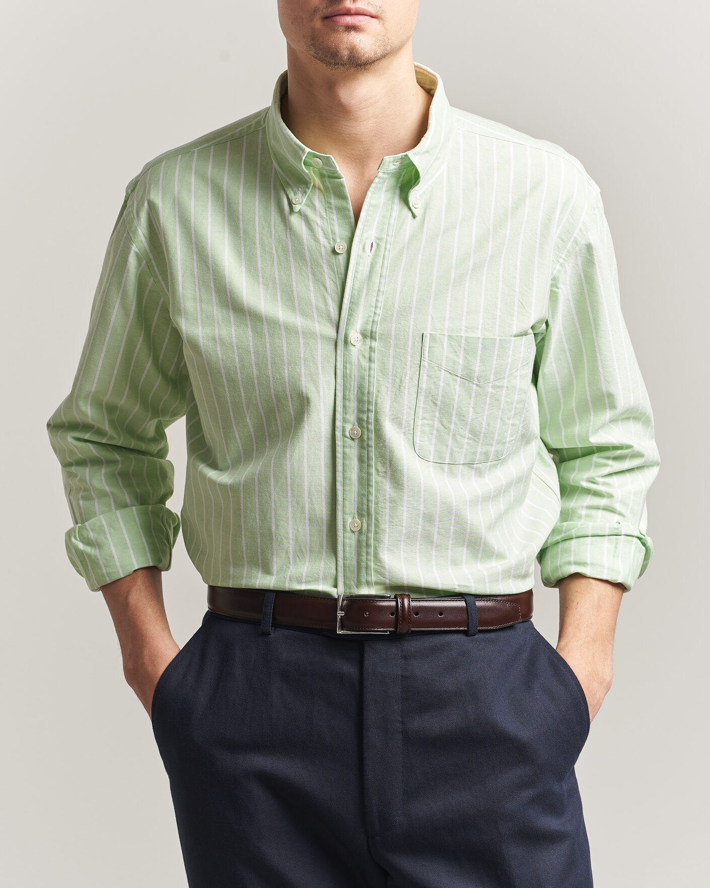 Heren | Overhemden | Kamakura Shirts | Vintage Ivy Oxford BD Shirt Green Blazer Stripe