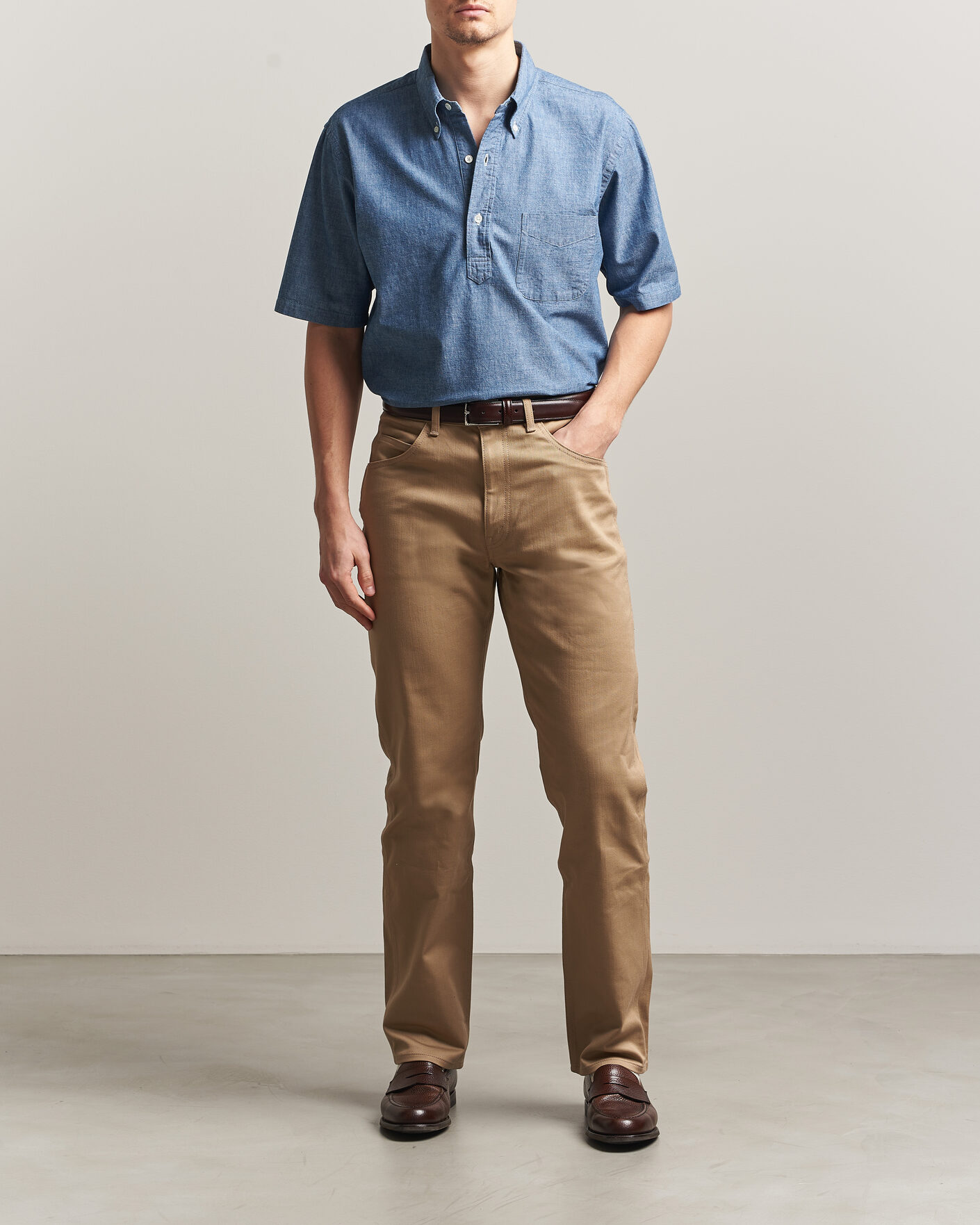 Heren | Overhemden | Kamakura Shirts | Vintage Ivy Half Sleeve Chambray Popover Blue