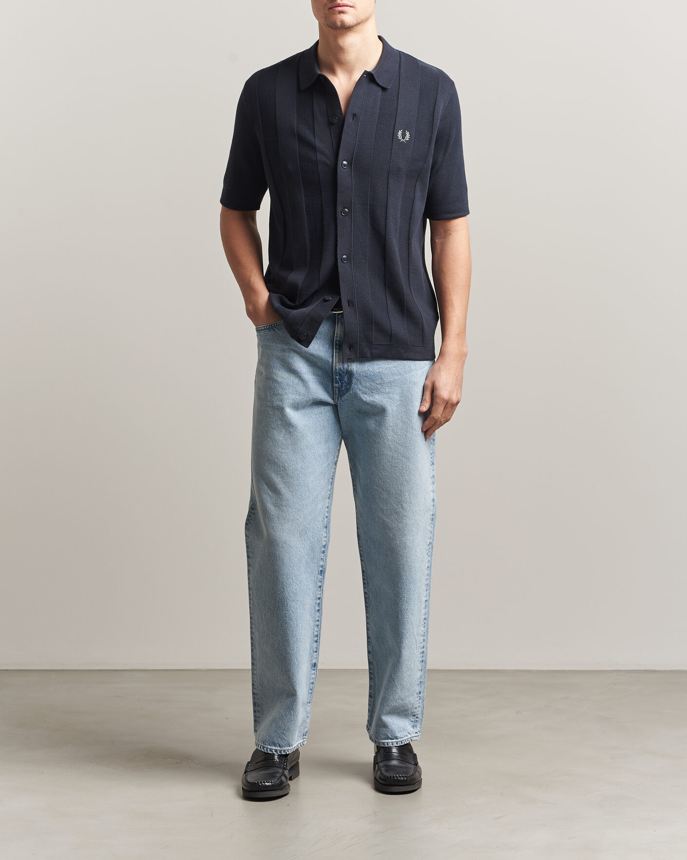 Heren | Overhemden | Fred Perry | Tonal Vertical Striped Knitted Shirt Navy