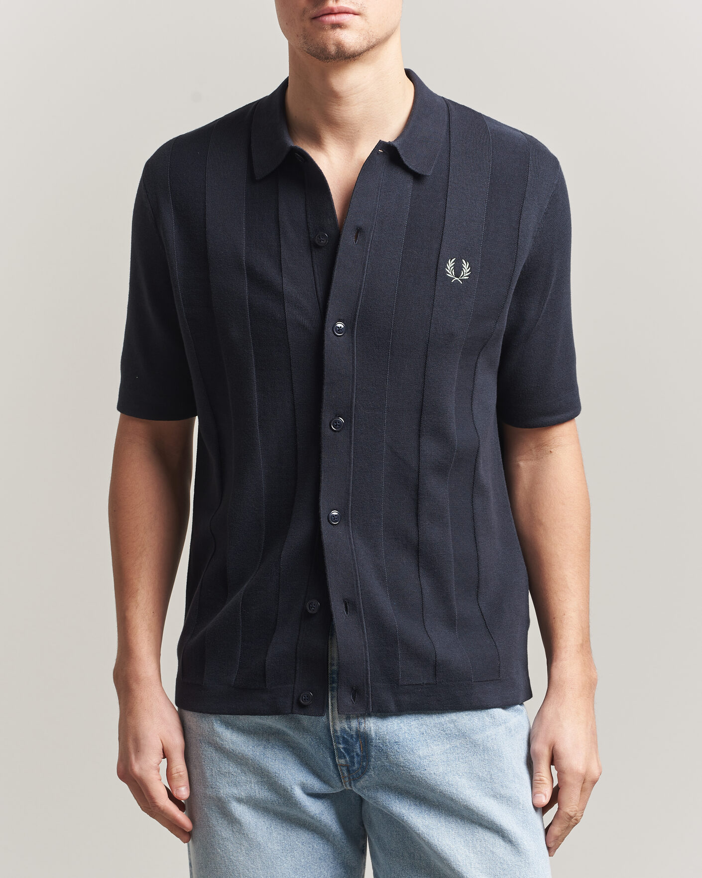 Heren | Overhemden | Fred Perry | Tonal Vertical Striped Knitted Shirt Navy