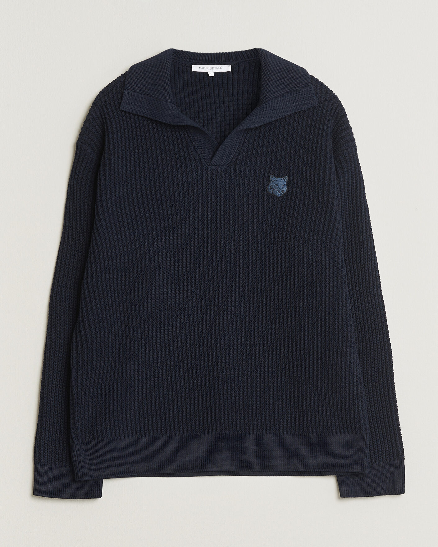 Heren | Polo's | Maison Kitsuné | Tonal Fox Head Rib Knitted Polo Navy