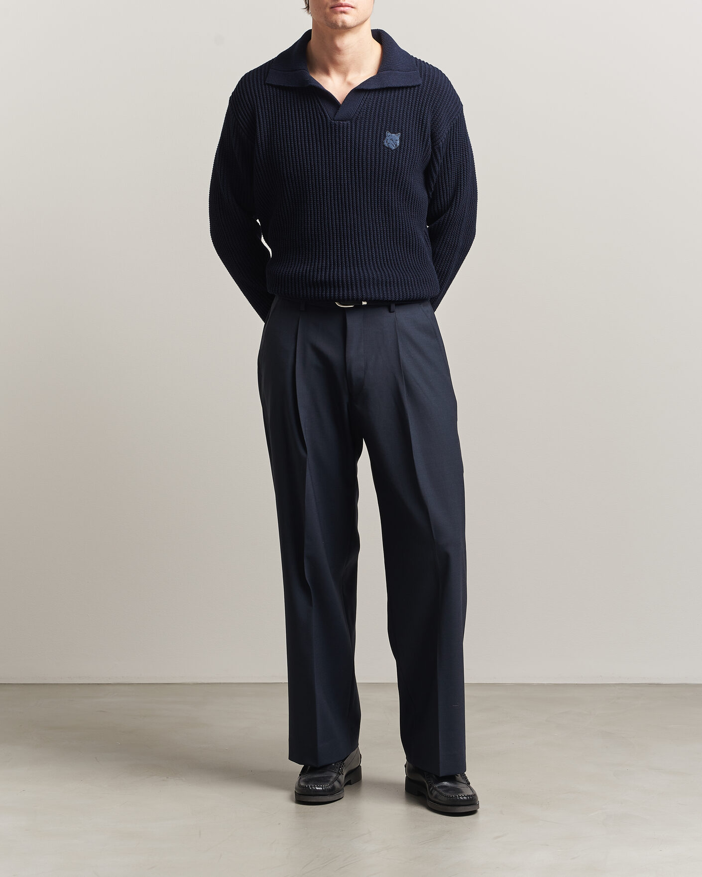 Heren | Polo's | Maison Kitsuné | Tonal Fox Head Rib Knitted Polo Navy