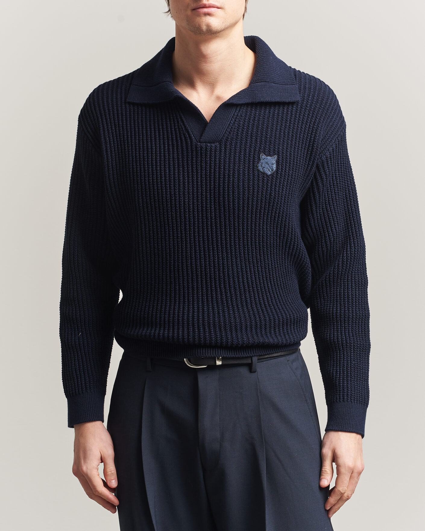 Heren | Polo's | Maison Kitsuné | Tonal Fox Head Rib Knitted Polo Navy