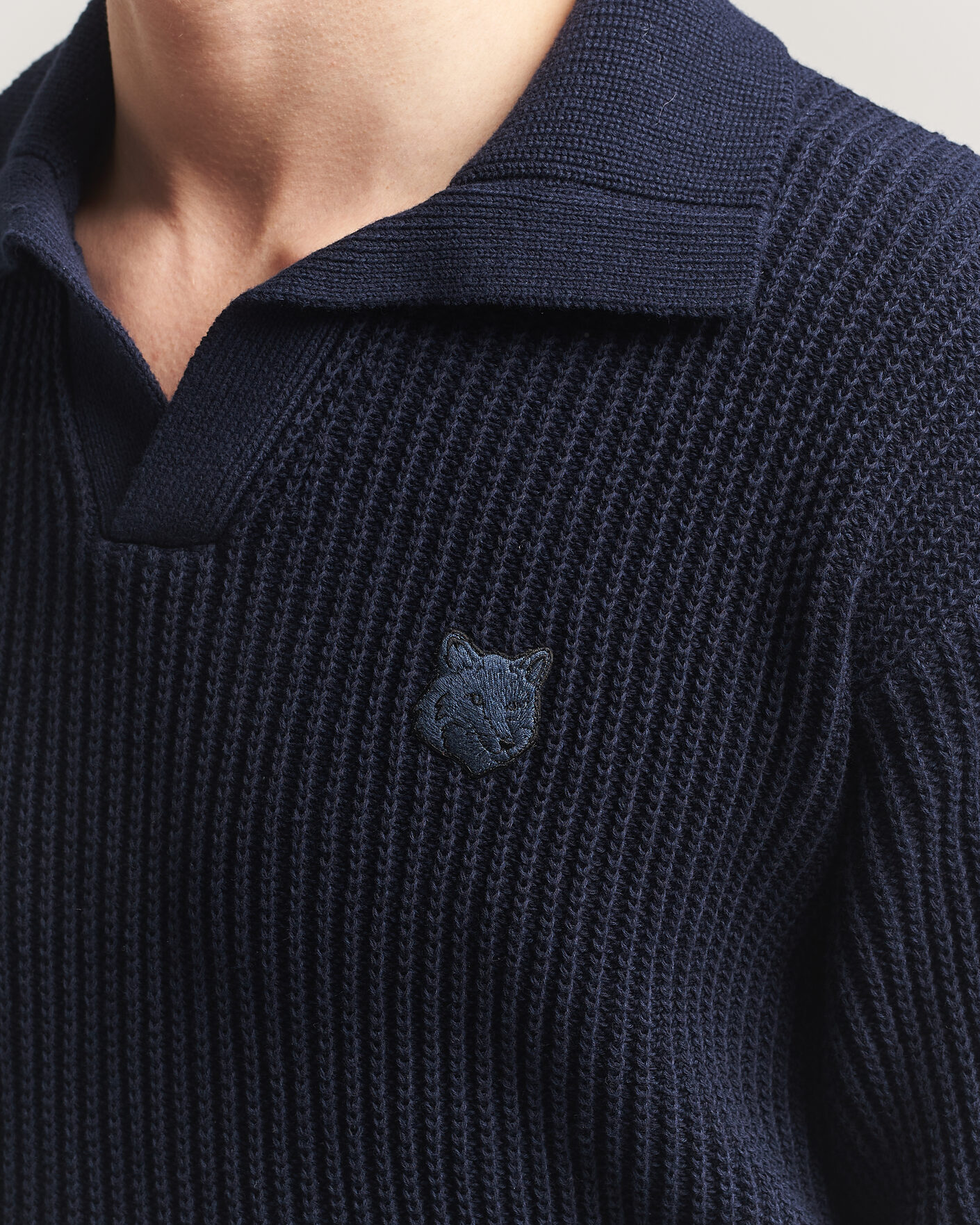 Heren | Polo's | Maison Kitsuné | Tonal Fox Head Rib Knitted Polo Navy