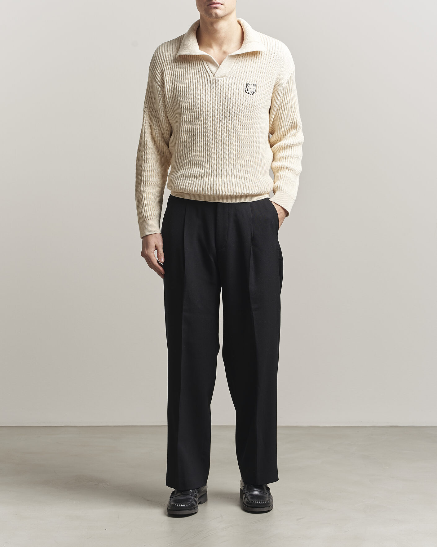 Heren | Polo's | Maison Kitsuné | Tonal Fox Head Rib Knitted Polo Sandshell