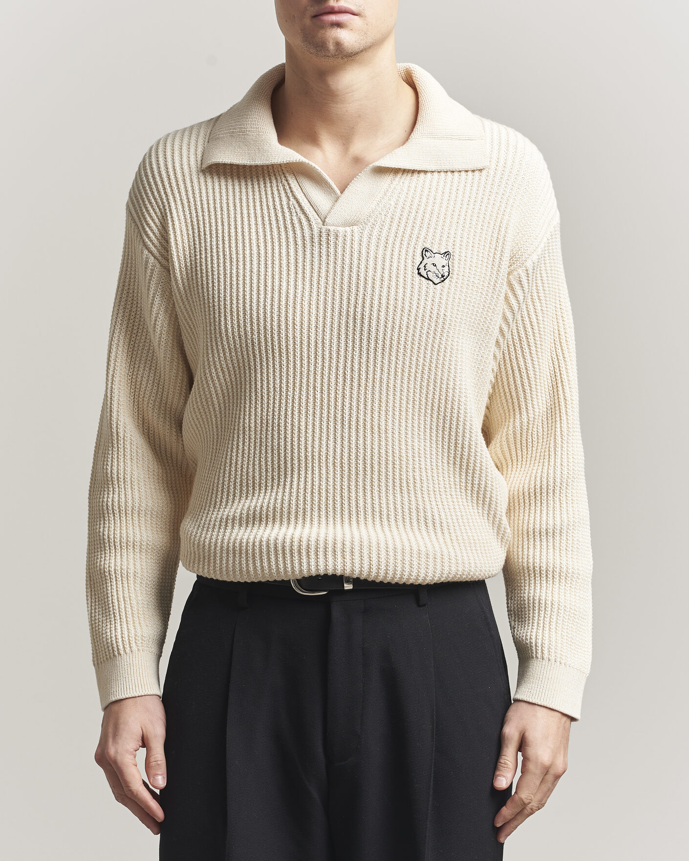 Heren | Polo's | Maison Kitsuné | Tonal Fox Head Rib Knitted Polo Sandshell