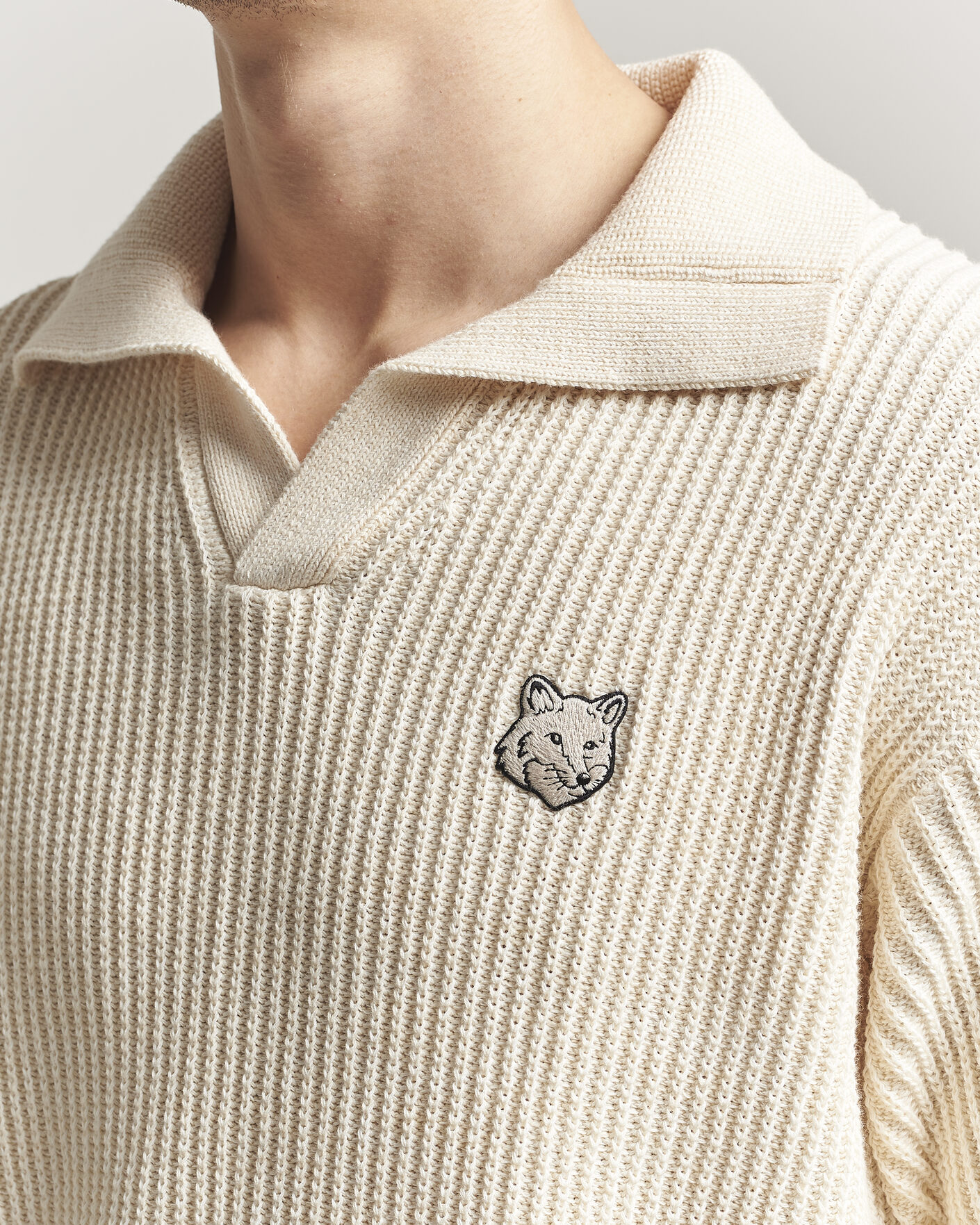 Heren | Polo's | Maison Kitsuné | Tonal Fox Head Rib Knitted Polo Sandshell