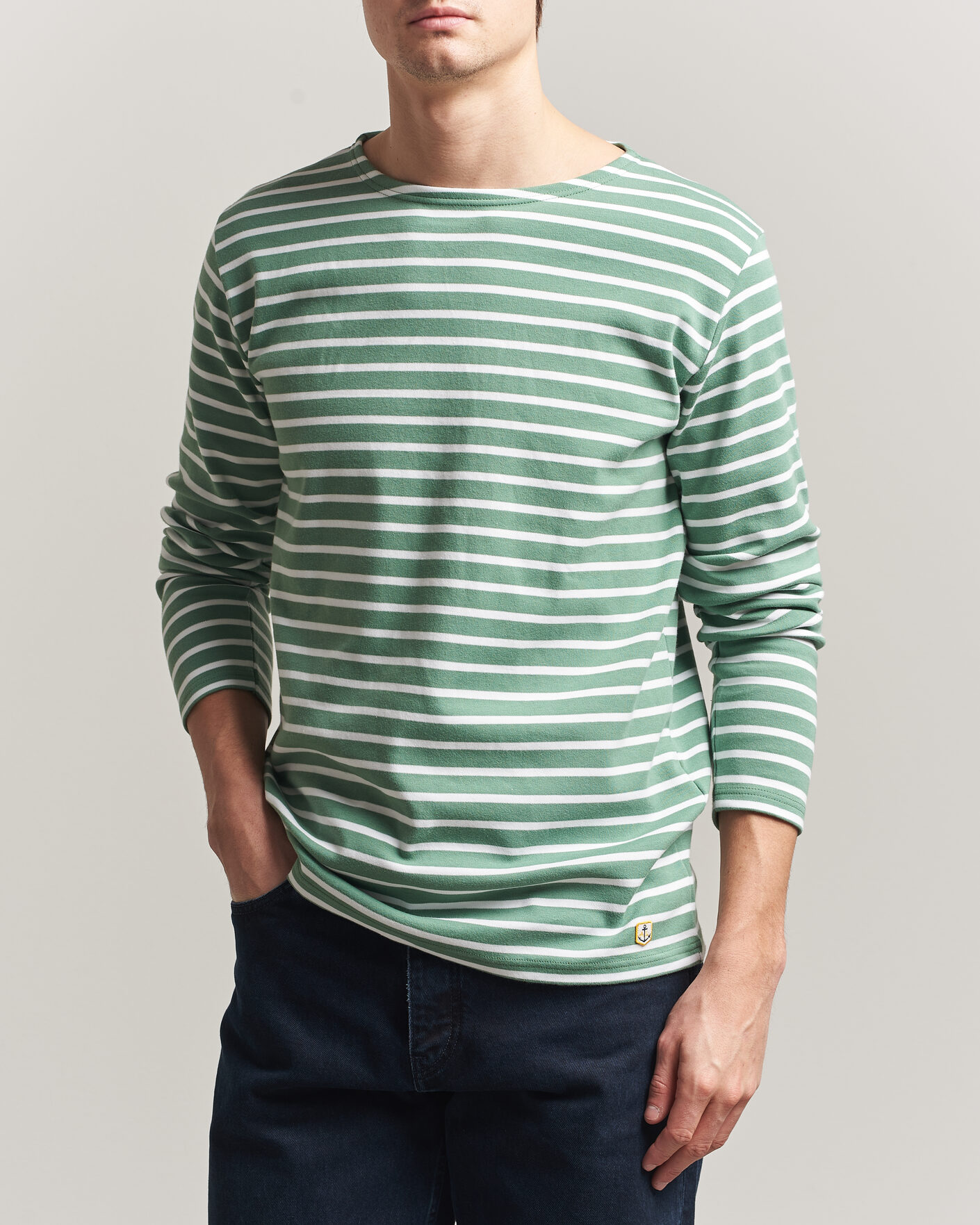 Heren | T-shirts | Armor-lux | Houat Héritage Stripe Long Sleeve T-Shirt Ivy/Blanc