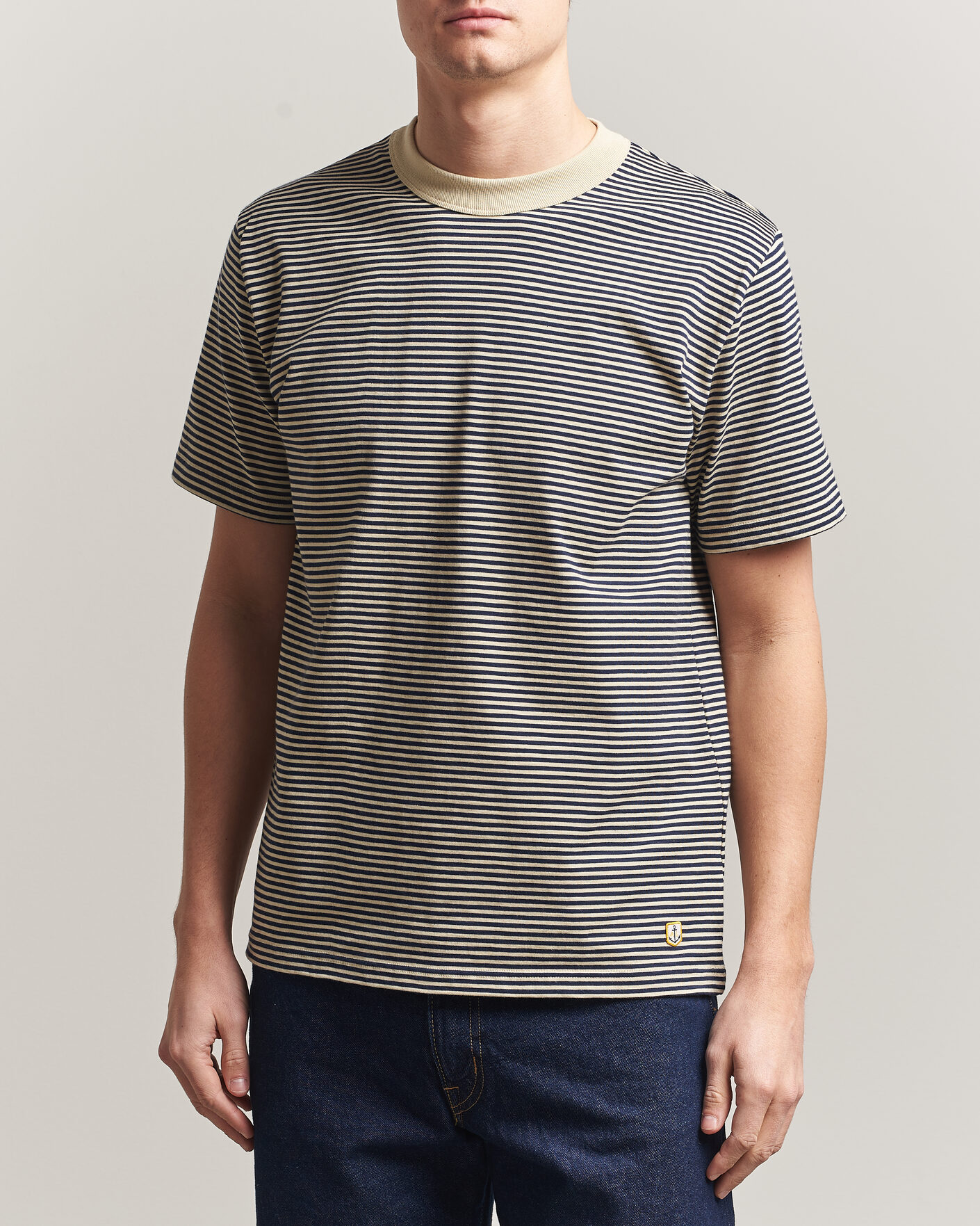 Heren | T-shirts | Armor-lux | Callac Héritage Stripe T-Shirt Gravel/Marine Deep