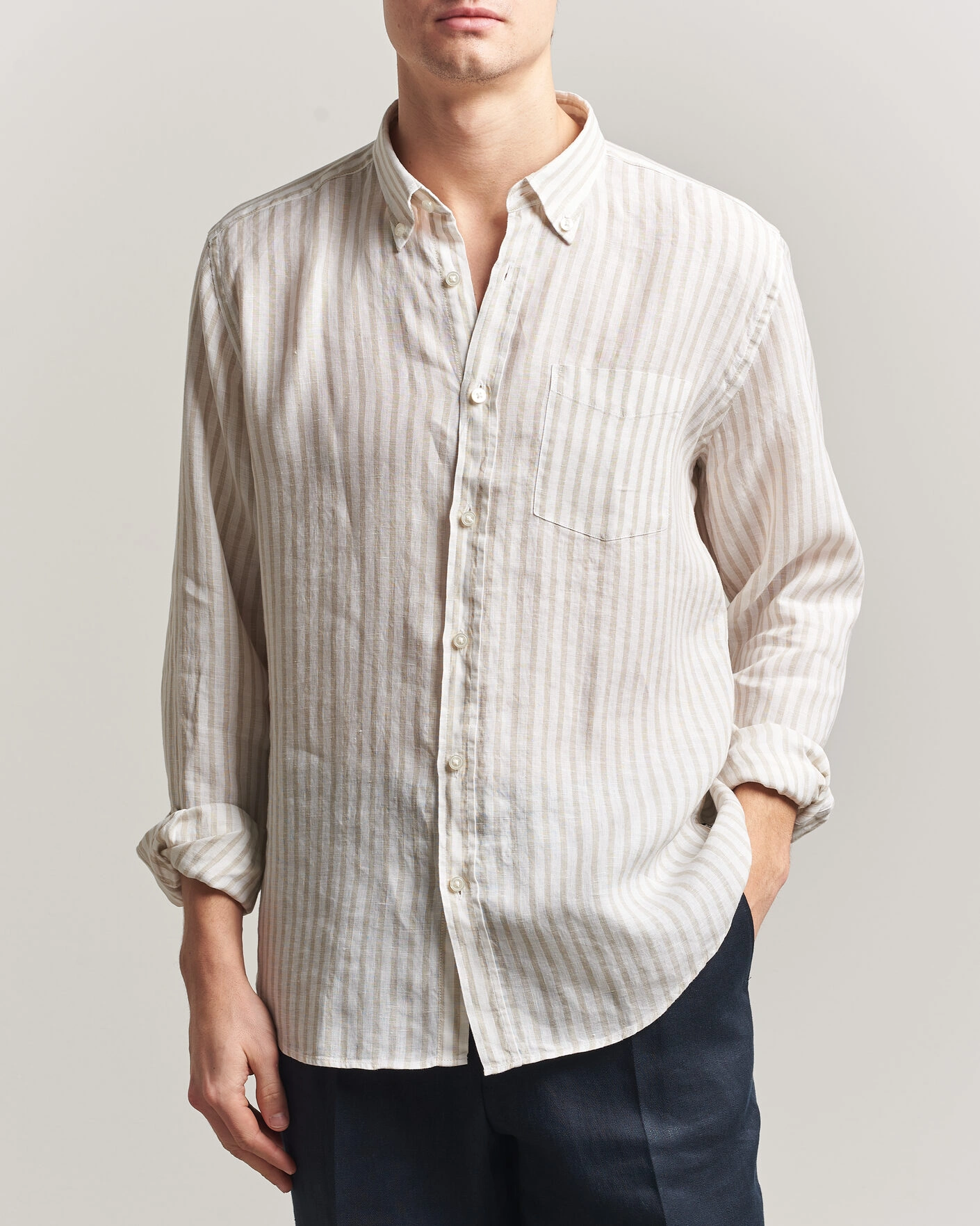Heren | Overhemden | BOSS BLACK | Liam Striped Linen Shirt Open Beige