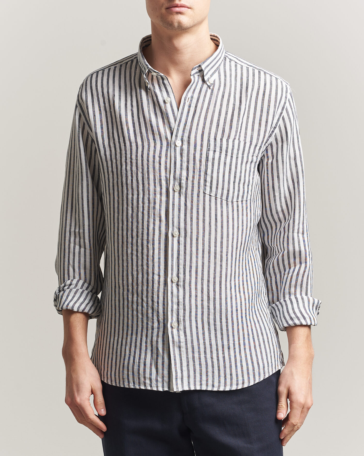Heren | Overhemden | BOSS BLACK | Liam Striped Linen Shirt Dark Blue