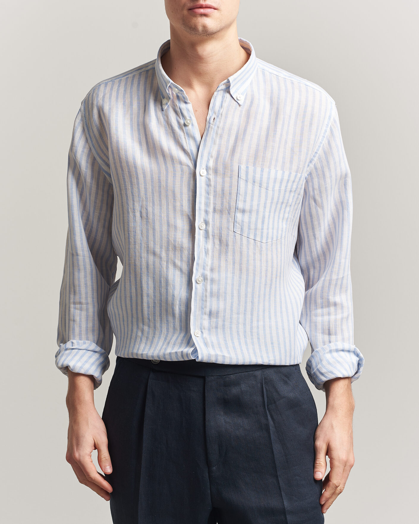 Heren | Overhemden | BOSS BLACK | Liam Striped Linen Shirt Light Blue