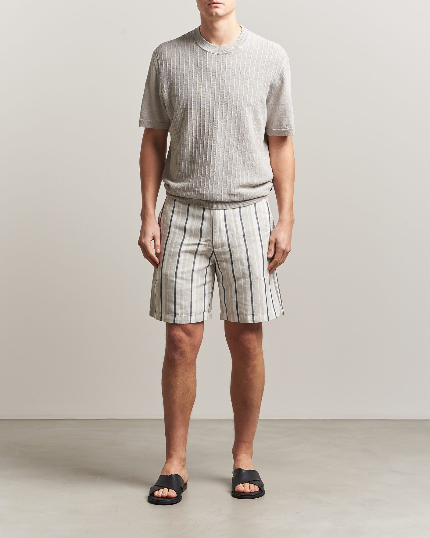 Heren | Korte broek | BOSS ORANGE | Linen/Cotton Striped Drawstring Shorts Open Grey