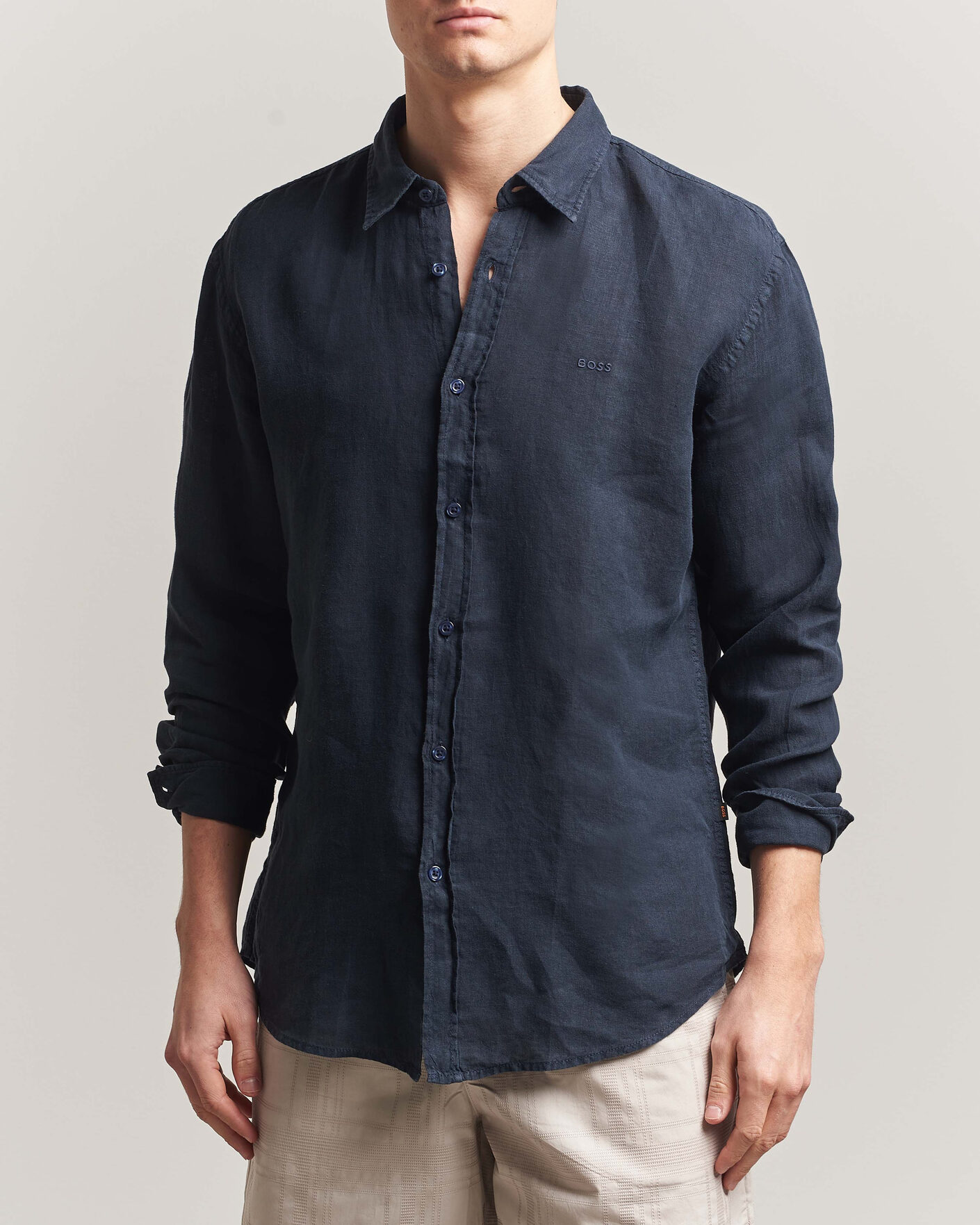 Heren | Overhemden | BOSS ORANGE | Relegant Linen Shirt Dark Blue