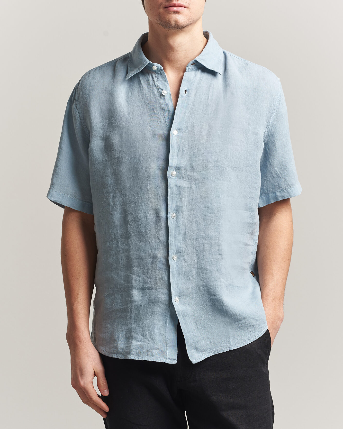 Heren | Overhemden | BOSS ORANGE | Rash Linen Short Sleeve Shirt Light Blue
