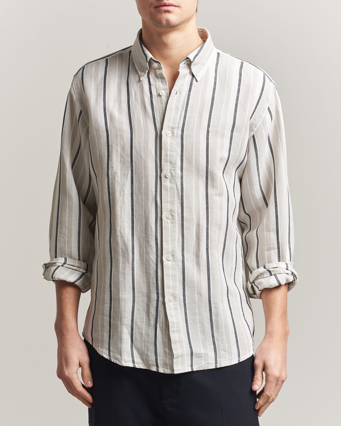 Heren | Overhemden | BOSS ORANGE | Ricoplus Linen/Cotton Striped Shirt Beige