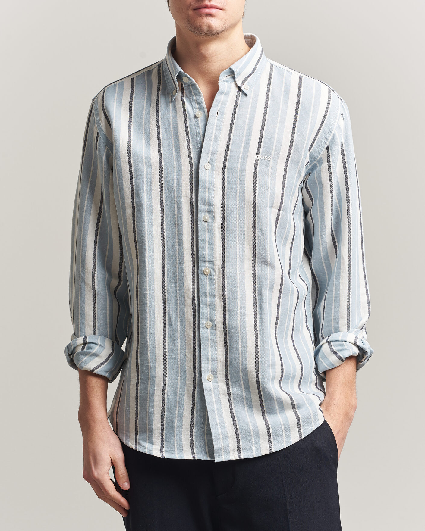 Heren | Overhemden | BOSS ORANGE | Ricoplus Linen/Cotton Striped Shirt Light Blue