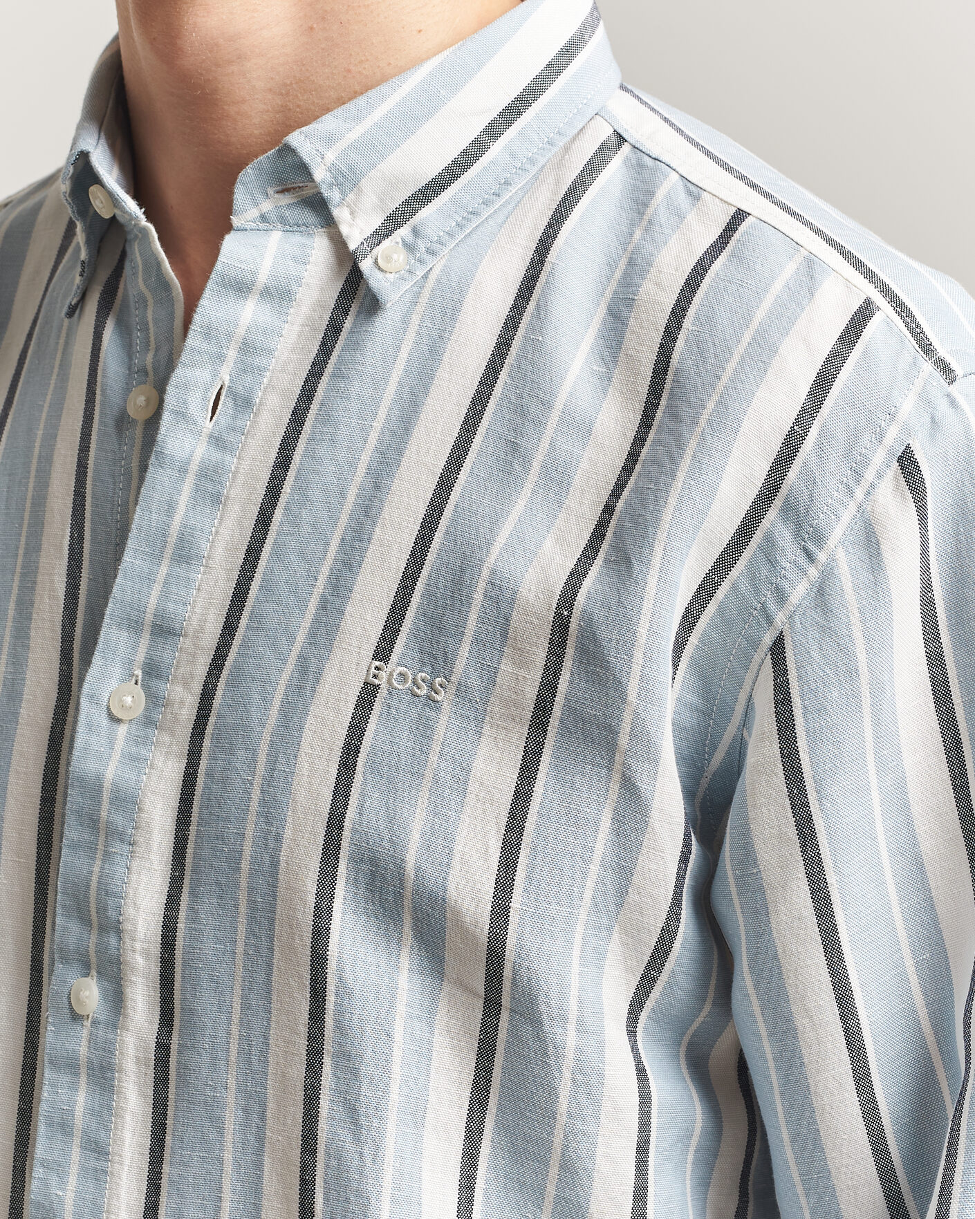 Heren | Overhemden | BOSS ORANGE | Ricoplus Linen/Cotton Striped Shirt Light Blue