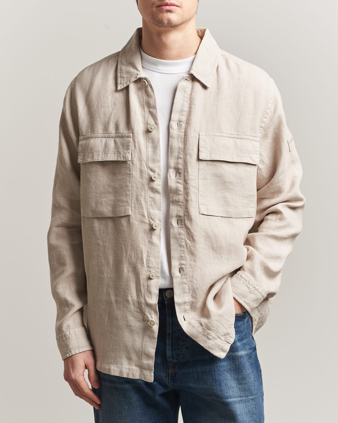Heren | Overhemden | BOSS ORANGE | Locky Linen Overshirt Beige