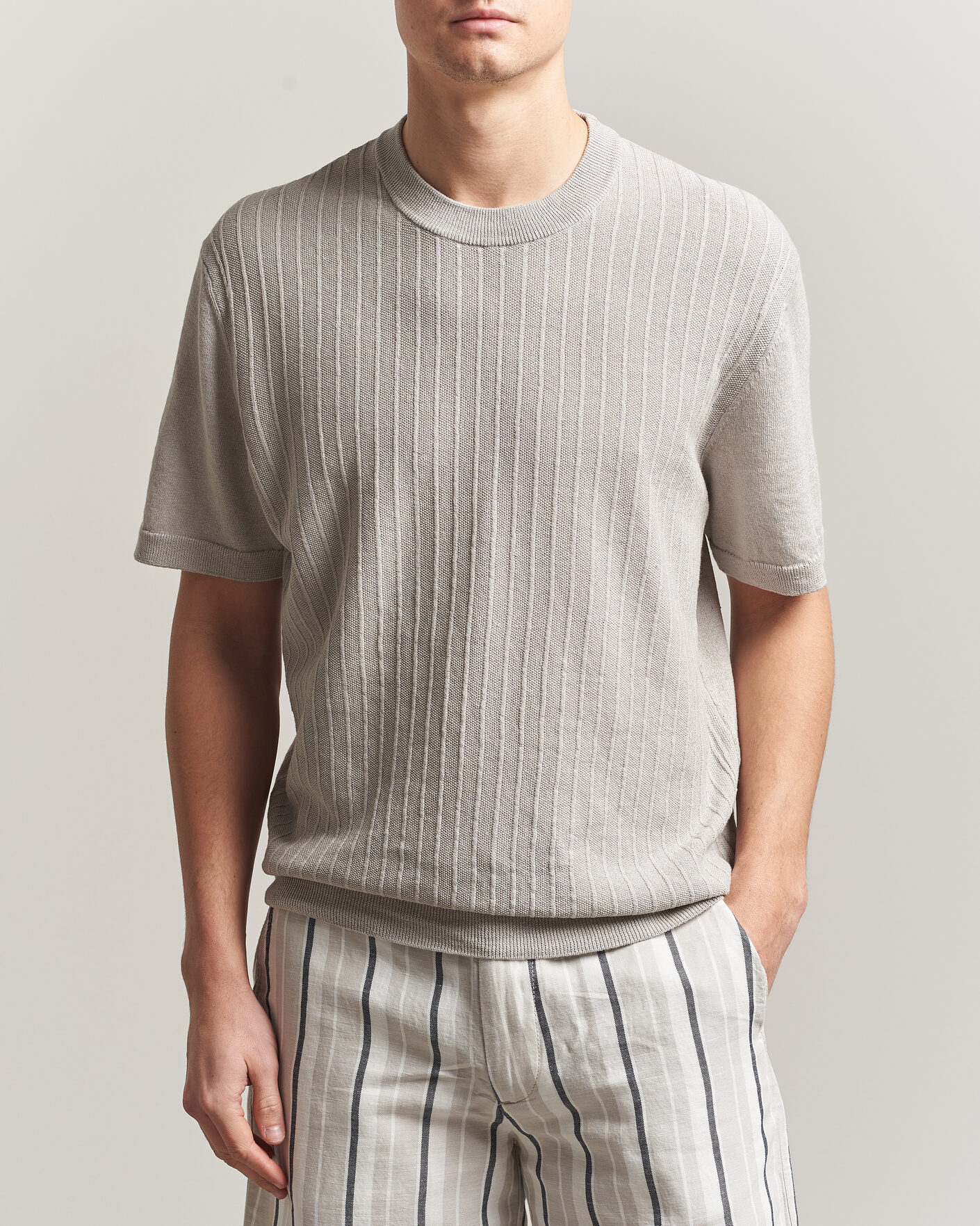 Heren | T-shirts | BOSS ORANGE | Kajordino Linen/Cotton Knitted T-Shirt Beige