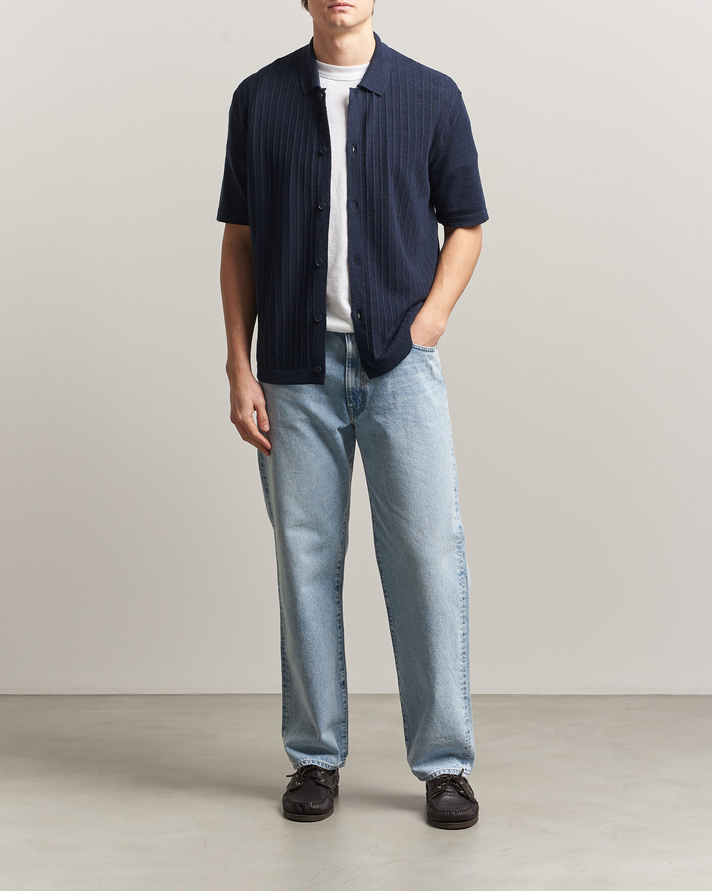 Heren | Overhemden | BOSS ORANGE | Amicino Linen/Cotton Knitted Shirt Dark Blue