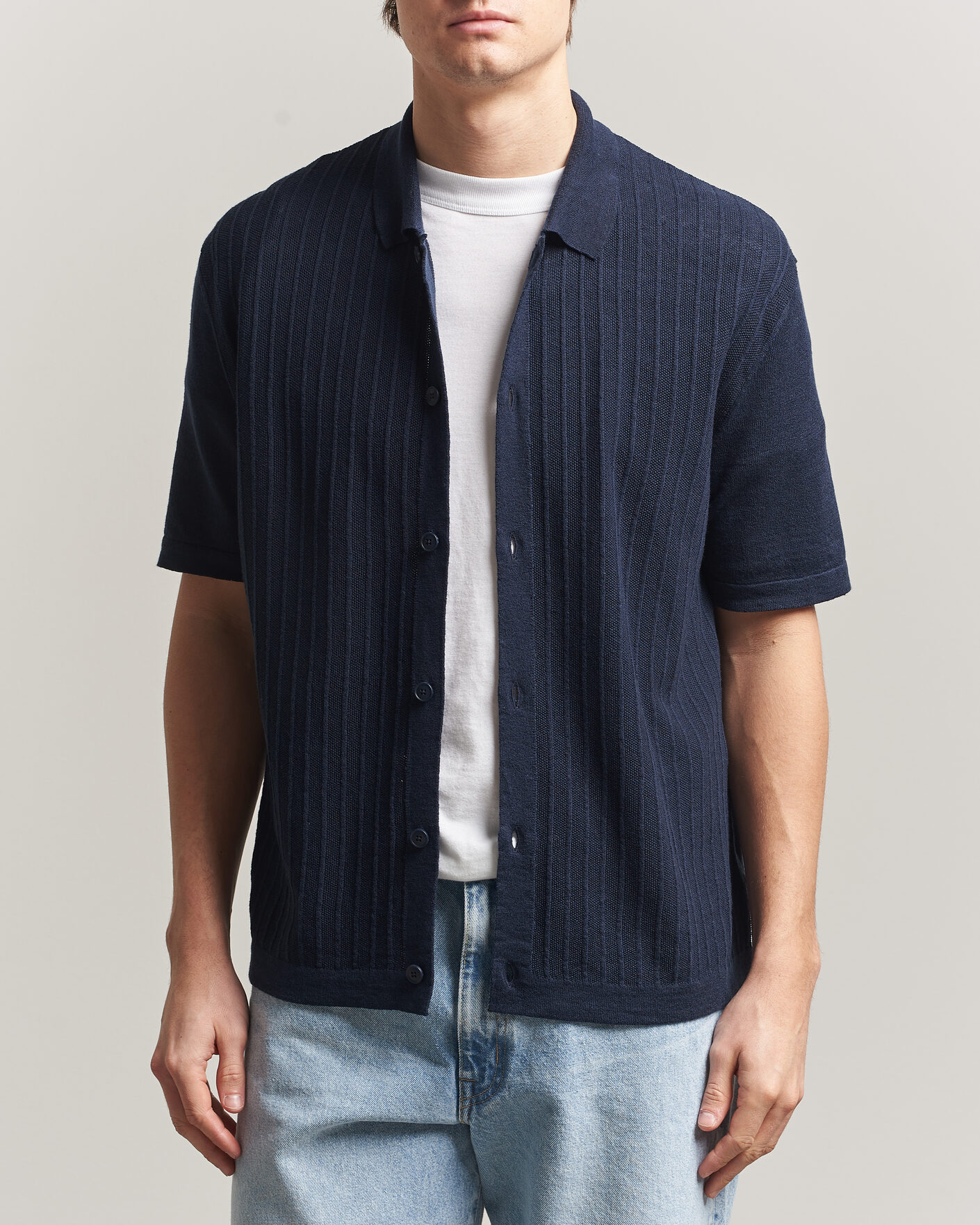 Heren | Overhemden | BOSS ORANGE | Amicino Linen/Cotton Knitted Shirt Dark Blue