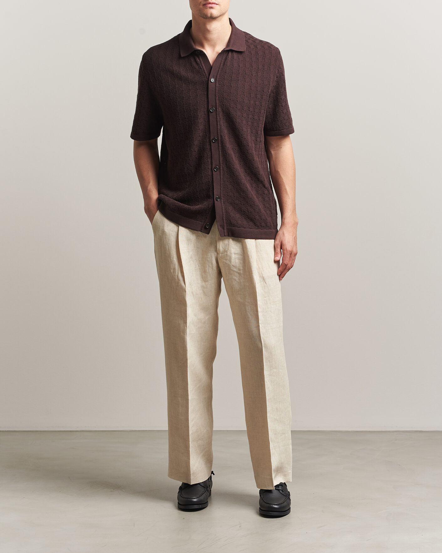 Heren | Overhemden | BOSS BLACK | Nappo Knitted Short Sleeve Shirt Dark Brown