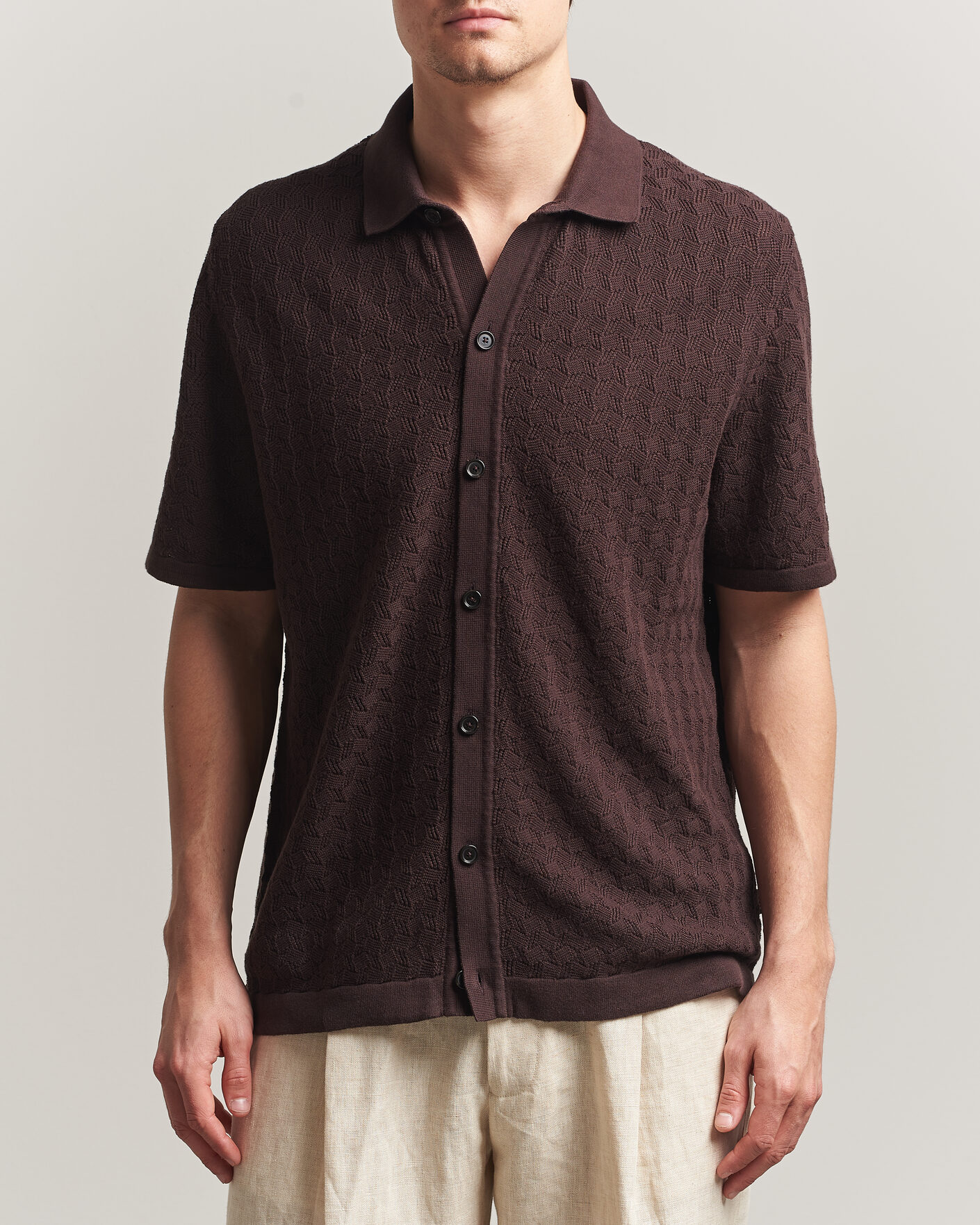 Heren | Overhemden | BOSS BLACK | Nappo Knitted Short Sleeve Shirt Dark Brown