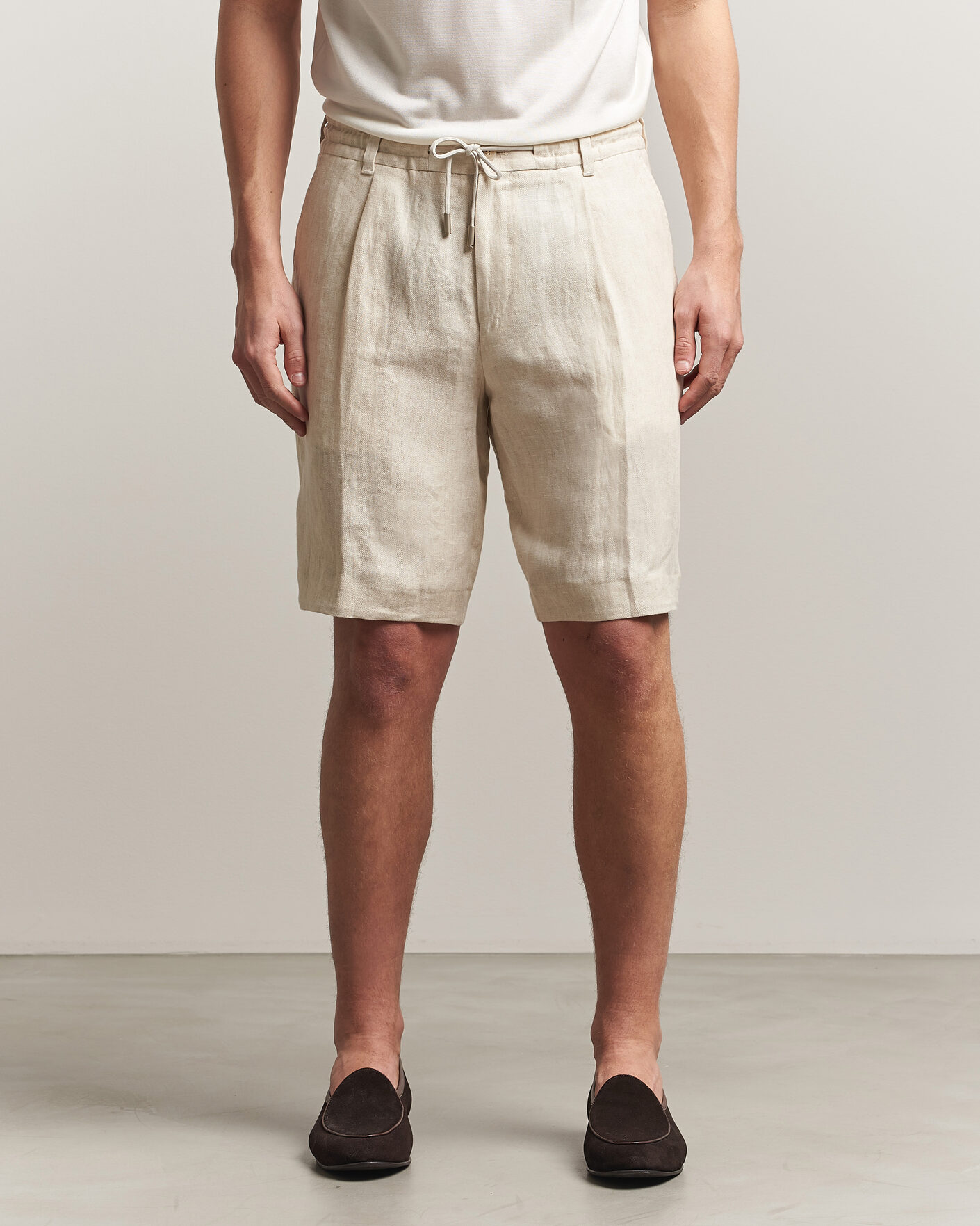 Heren | Korte broek | BOSS CAMEL | Peet Linen Drawstring Shorts Open White