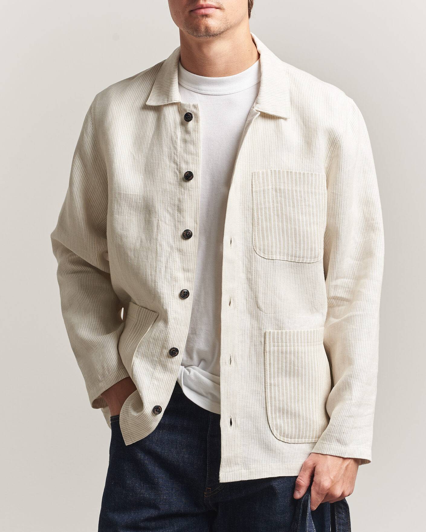 Heren | Overhemden | Peregrine | Windsor Linen Shacket Beige Stripe