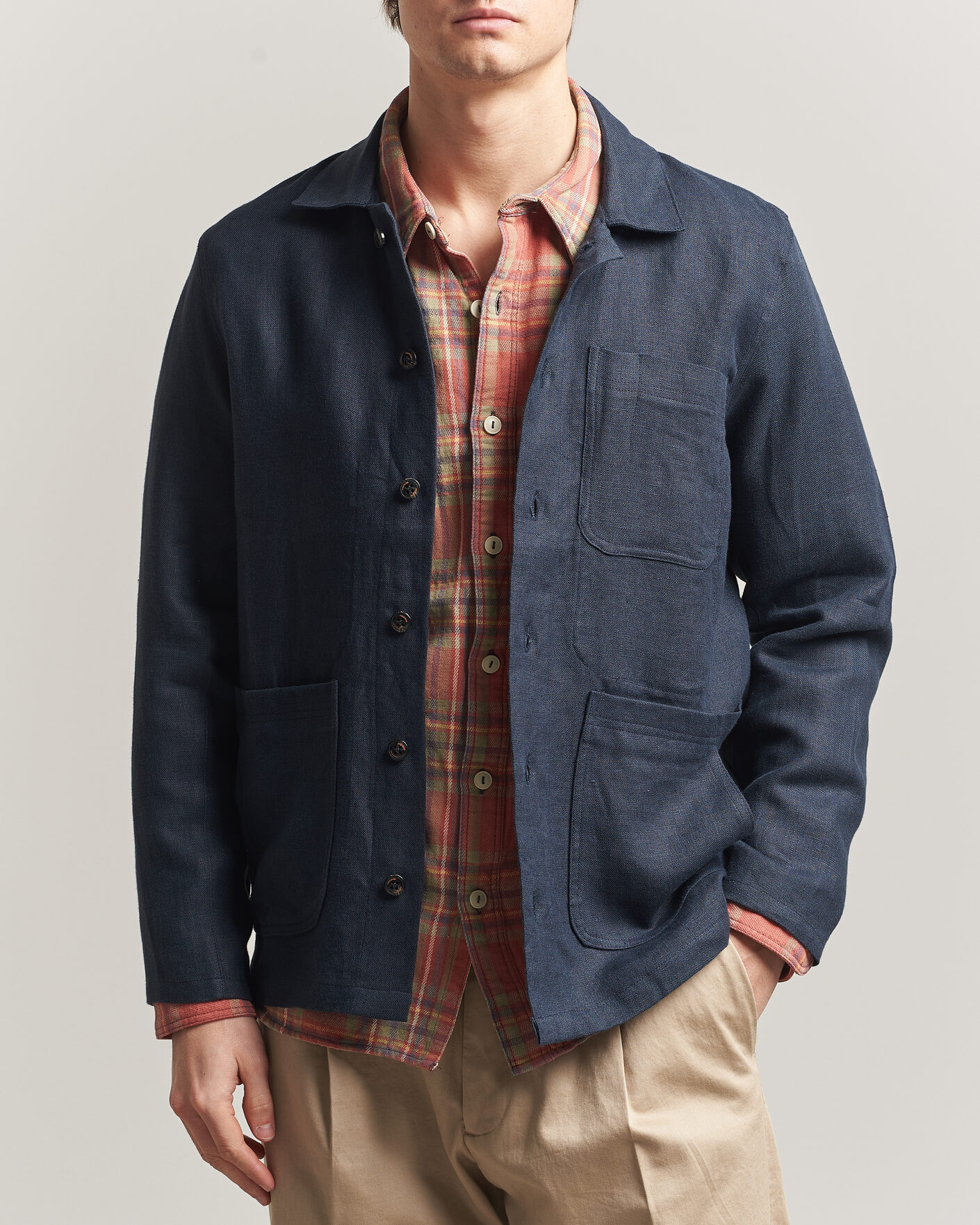 Heren | Overhemden | Peregrine | Windsor Linen Shacket Navy Stripe
